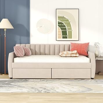 Velvet Upholstered Twin Daybed with Two Storage Drawers, Solid Wooden Sofa Bed Frame w/Vertical Stripes Designed Backrest and Pine Legs, Space-Saving Design