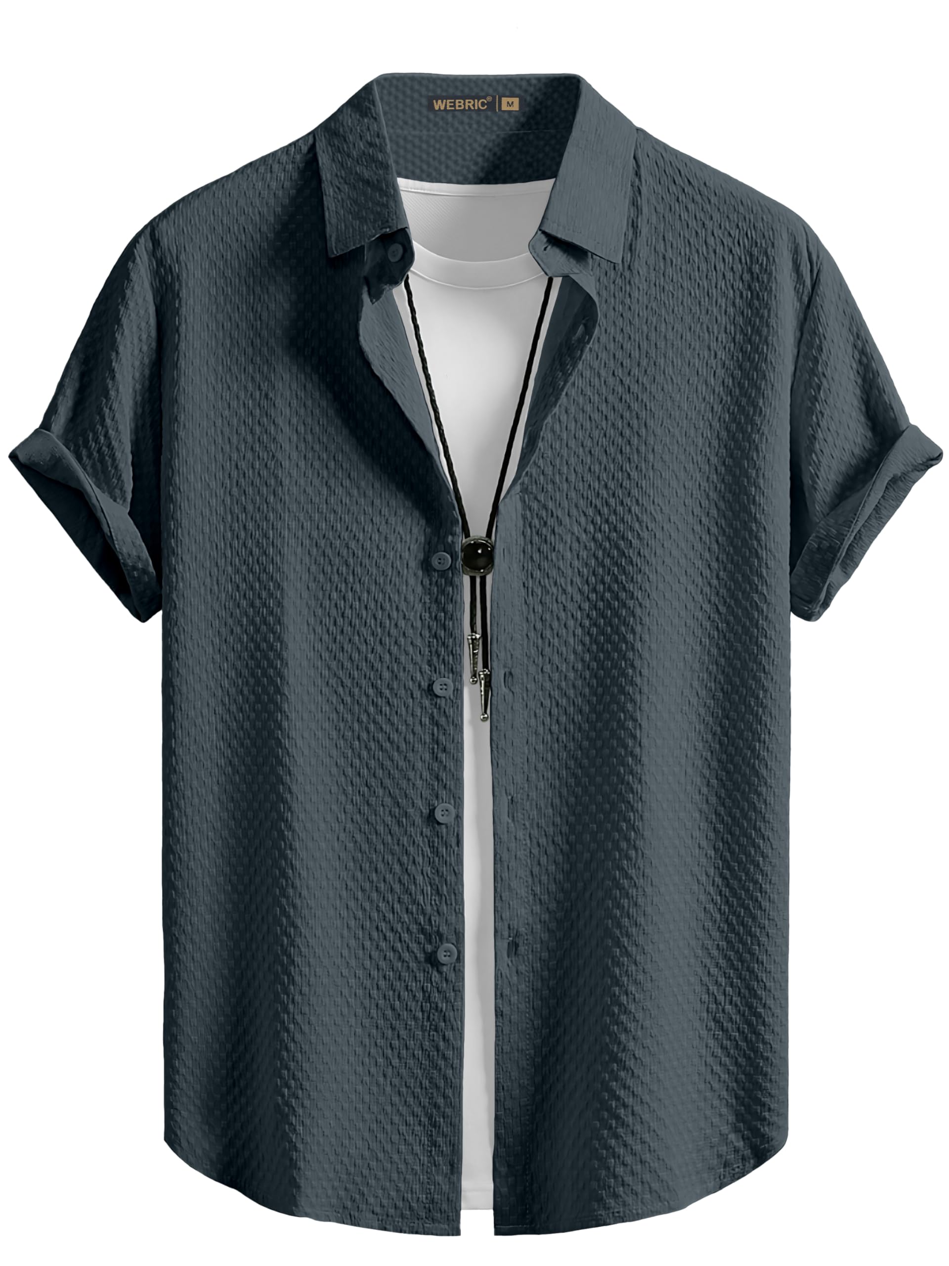 Men Shirt | Black Textured Cotton Blen Fabric | Regular Fit | Short Half Sleeve Button Down | Spread Collar | Stylish Curved Hem | Latest Casual Office Summer Wear | Shirt for Men-image-45