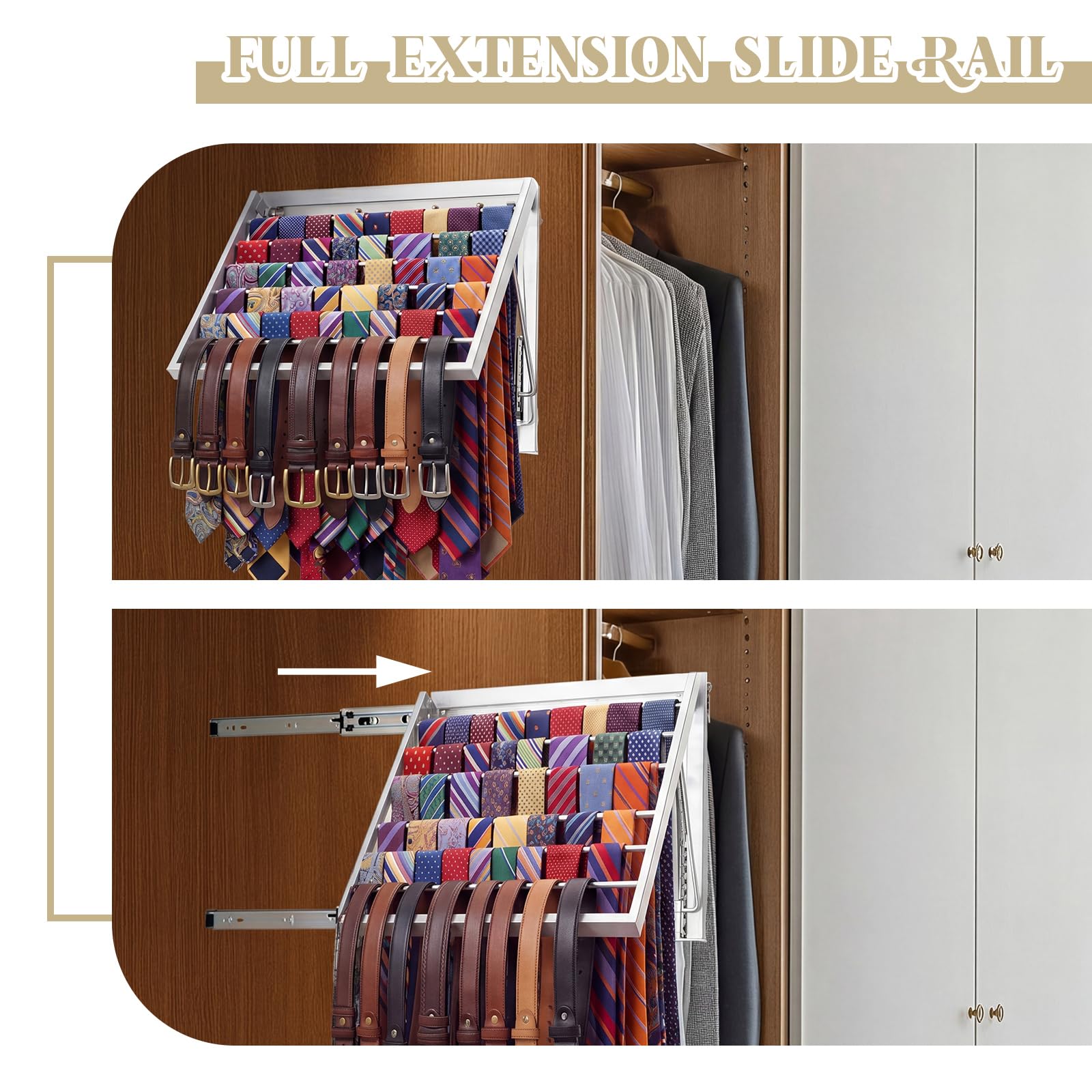 Blulu 1 x ausziehbarer Krawattenhalter für Schrank, ausziehbare Wandhalterung, ausziehbar, stabiler Metall-Gürtel-Organizer für Herren, Gürtelaufbewahrung, 34 x 29 cm, silberfarben