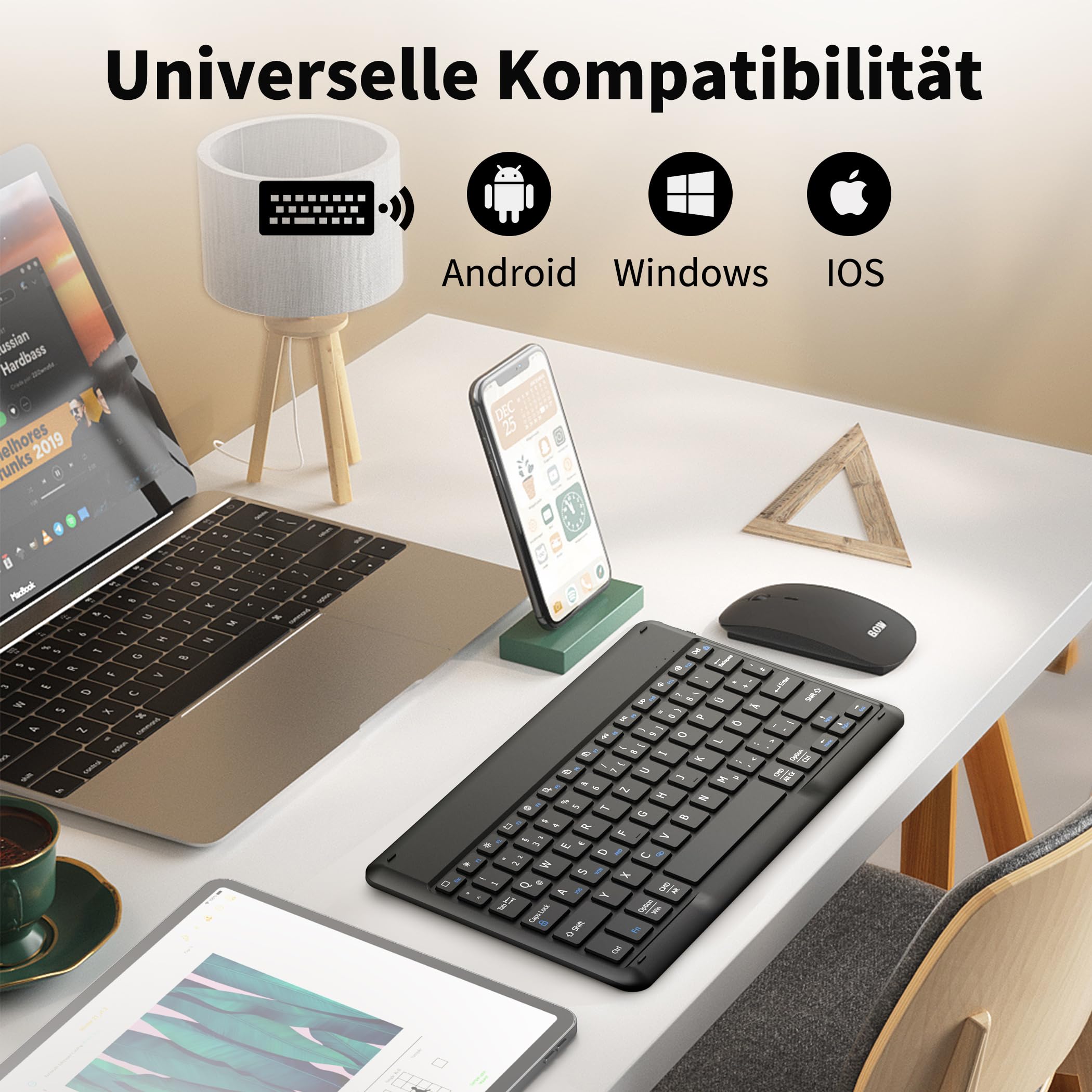 EasyAcc Clavier Bluetooth Allemand pour iPad Air/iPad Pro/iPad 10/10.2/9.7/iPhone/Samsung/Android, Rechargeable, QWERTZ, Portable, sans Fil, Ultra Fin, Noir