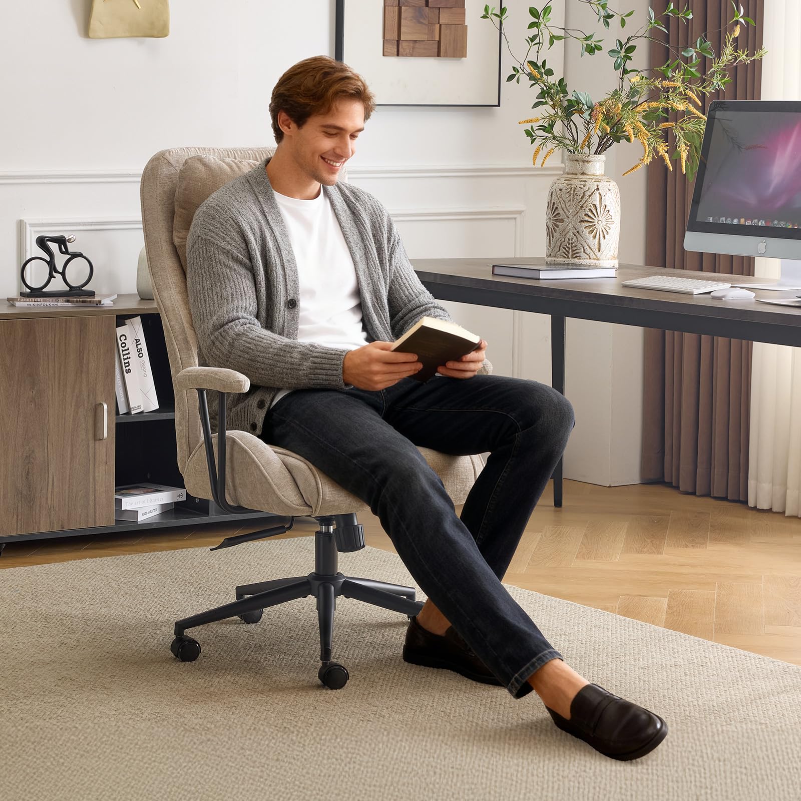 VINGLI Chenille Executive Ergonomic Fabric Office Chair with 100-130° Recline, High-Back Desk Chair with Adjustable Base & Padded Back & Wheels, Comfy Chair for Gaming,Computer,Home Office,Light Khaki (Missing pieces)