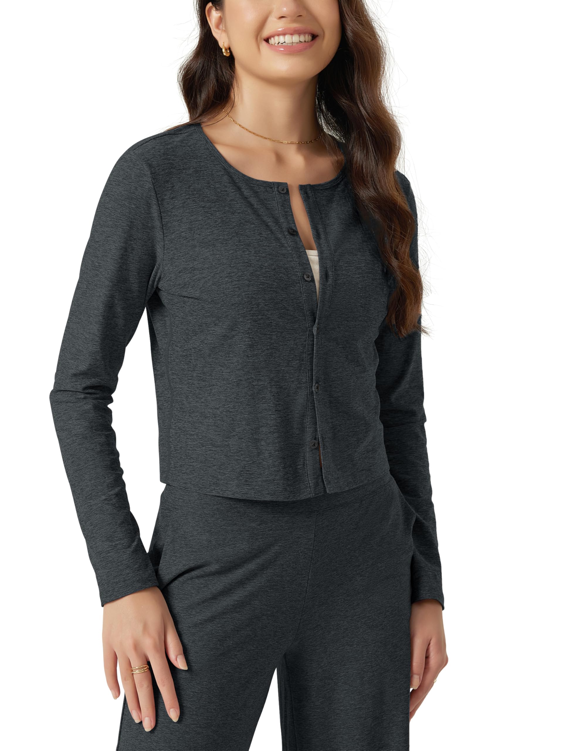 Women's Cardigan - Ultra Soft odSTRATUM Tech Performance Long Sleeve Crop UPF 50+ Button Down Crewneck Top-image-3