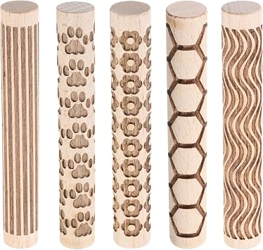 HARFINGTON 5pcs Wood Clay Roller 4"Lines Flower Paw Print Hexagon Pattern Rolling Pins Pottery Tools Wood Grain Texture Rollers for Clay Baking Dough Playdough DIY