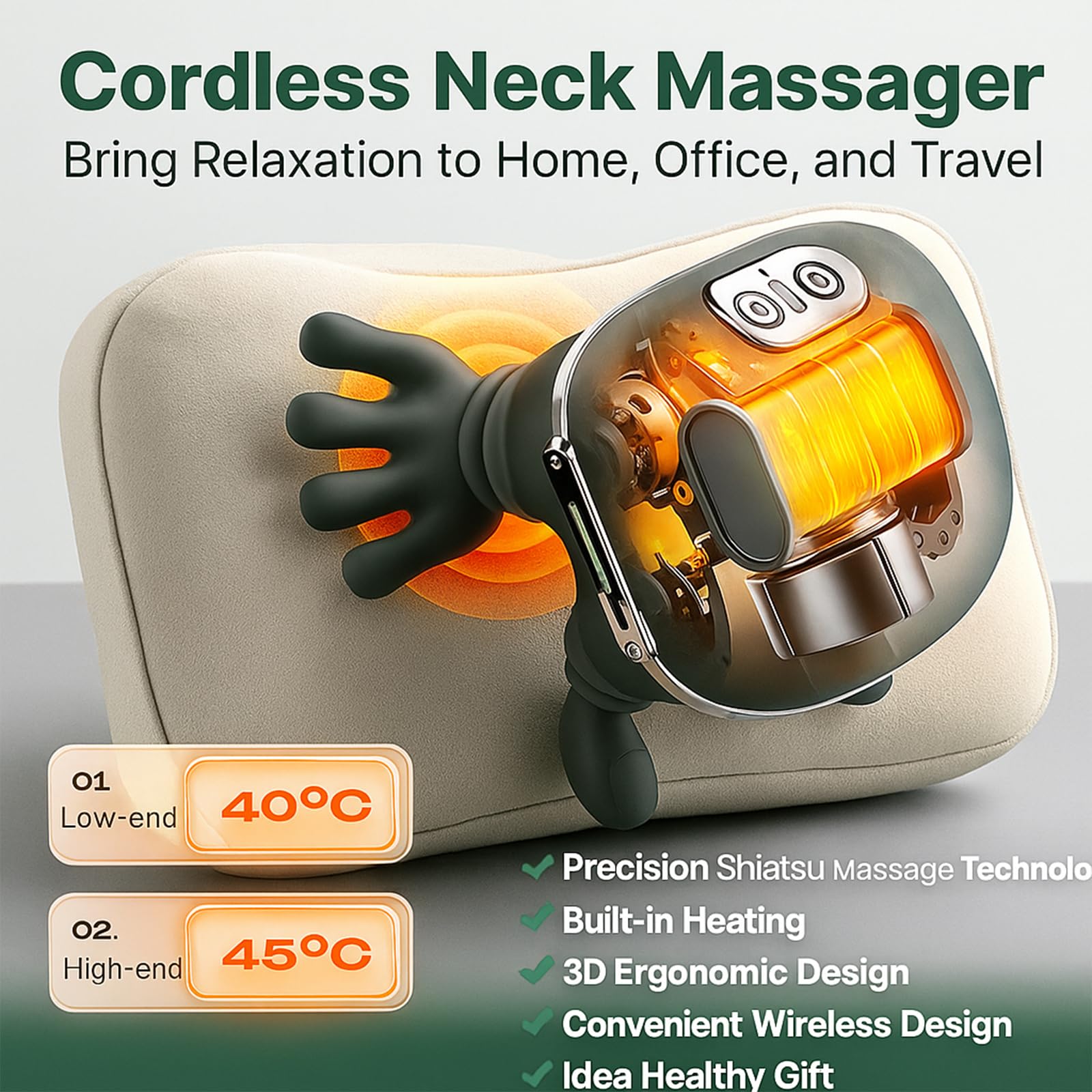 N7 Master massager showing red light for heat function with low and high temperature settings