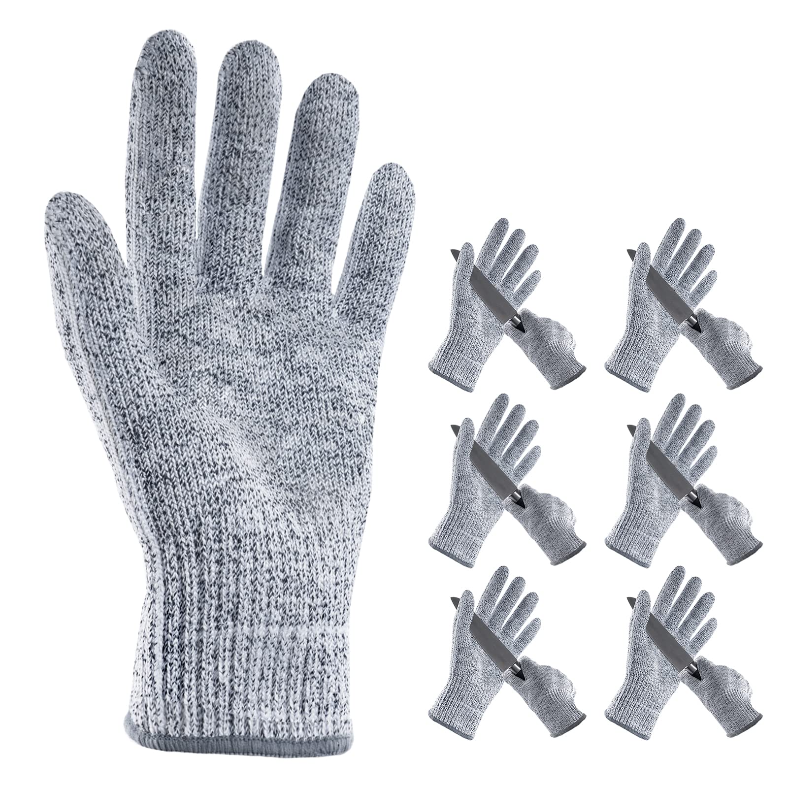 ANDANDA Cut Resistant Gloves, Food Grade Safety Kitchen Cuts Work Gloves for Oyster Shucking, Fish Fillet Processing, Meat Cutting and Wood Carving, Grey L 6 Pairs