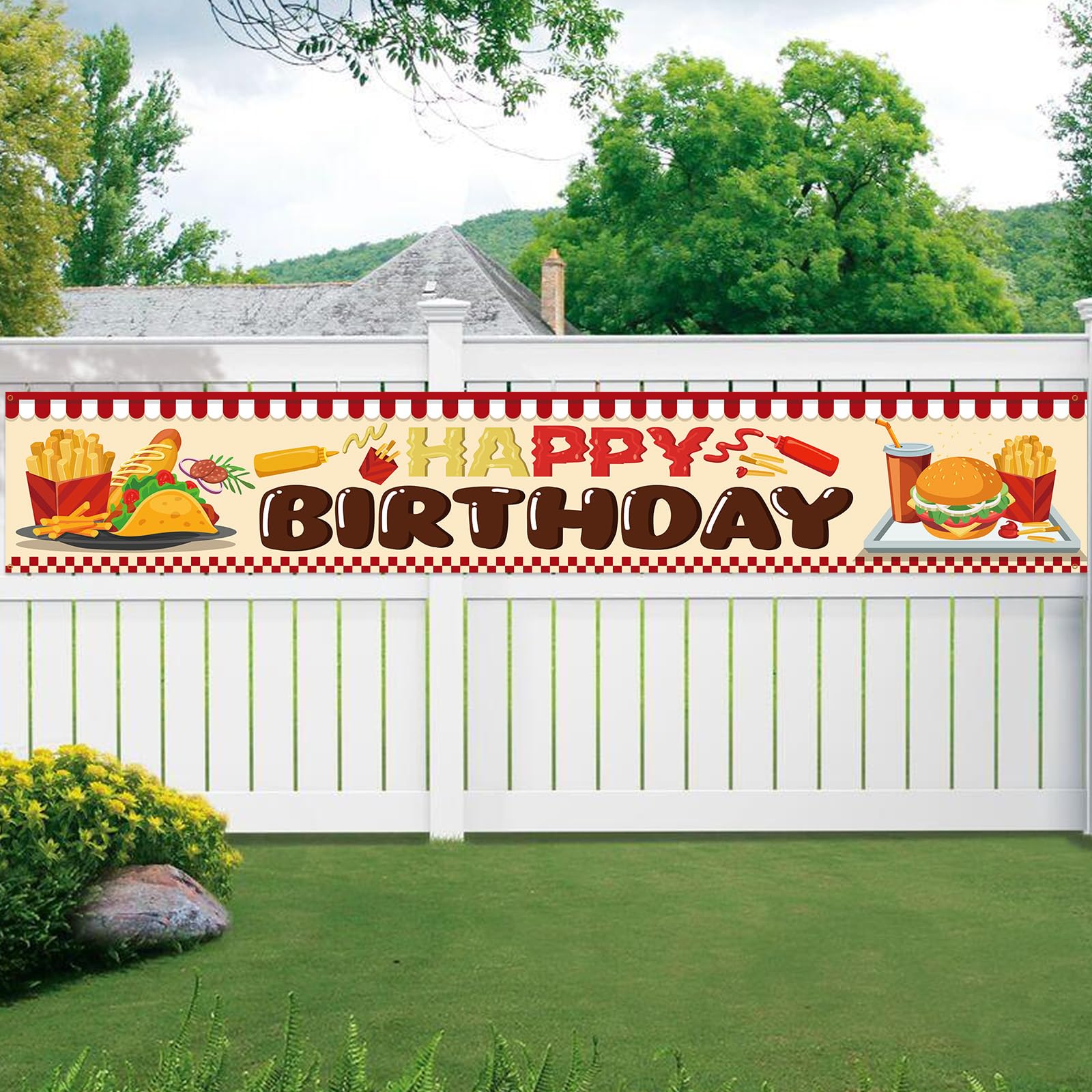 Pancarta de feliz cumpleaños de hamburguesas, tema de cocina, comida rápida, fondo de fotogarphy para niños, decoración de fiesta temática de cumpleaños, 9.8 x 1.6 pies