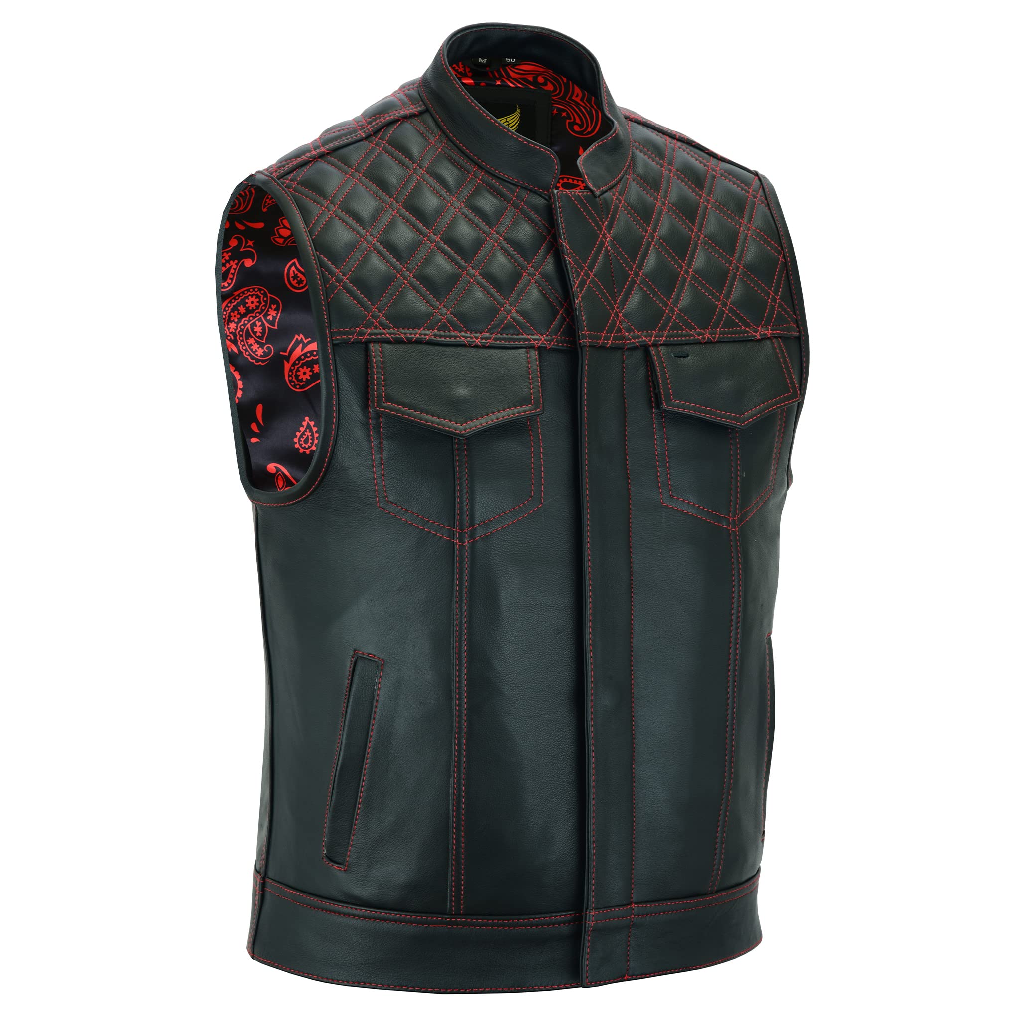 Leatherick Groove Club Hommes Gilet Cuir Biker - Doublure Traditionnelle En Satin Paisley Avec Surpiqûres Noires, SOA Pre Paisley R&B 301