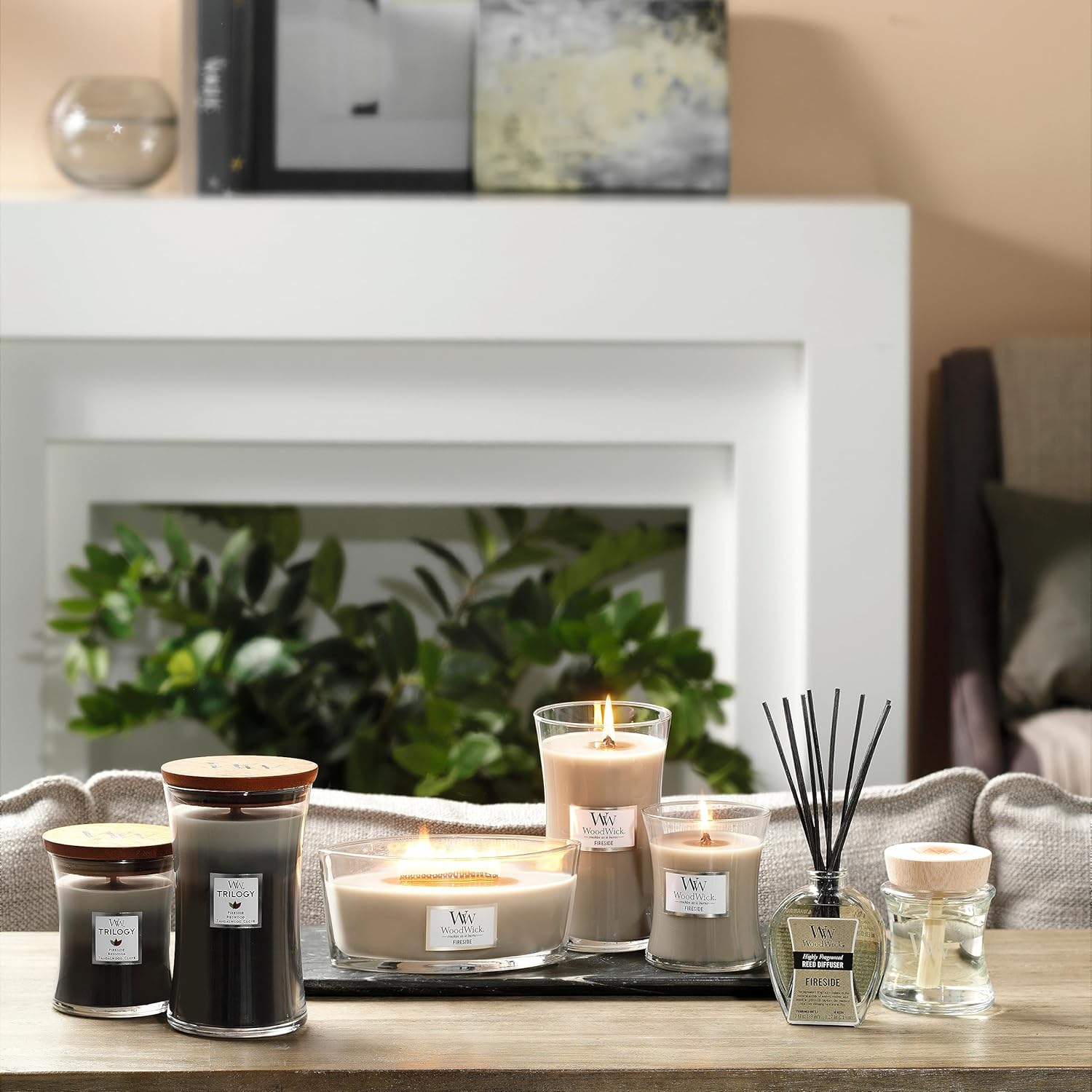 WoodWick Medium Hourglass Scented Trilogy Candle | Warm Woods | with Crackling Wick | Up to 60 Hours Burn Time