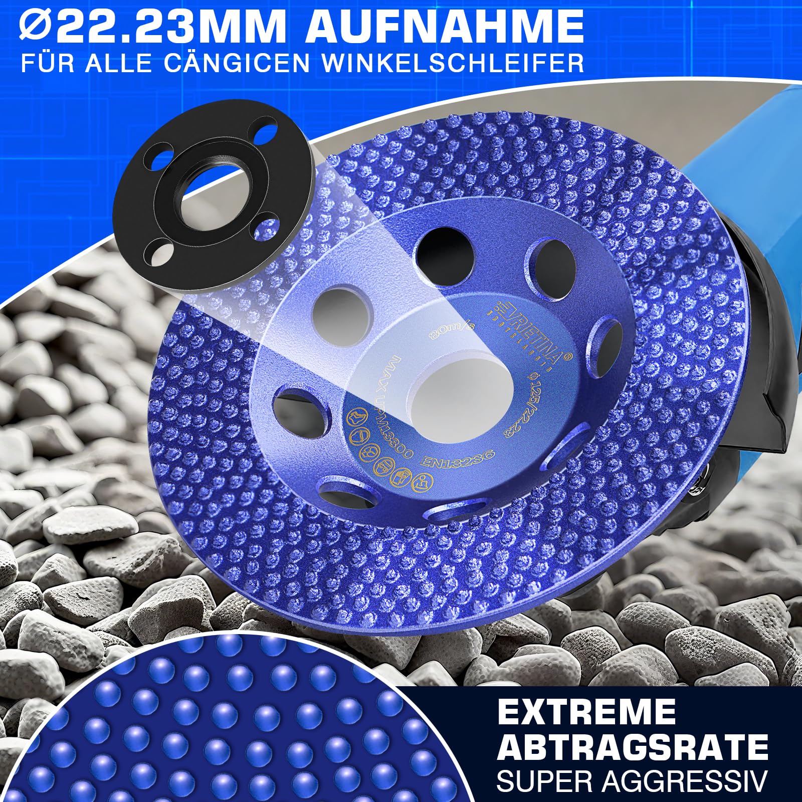 Diamentowa tarcza szlifierska 125 mm, diamentowa tarcza szlifierska [125 × 22,23 mm], do szlifierki kątowej, do betonu, kamienia naturalnego, muru, kleju do płytek, jastrychu, farby elewacyjnej, farby
