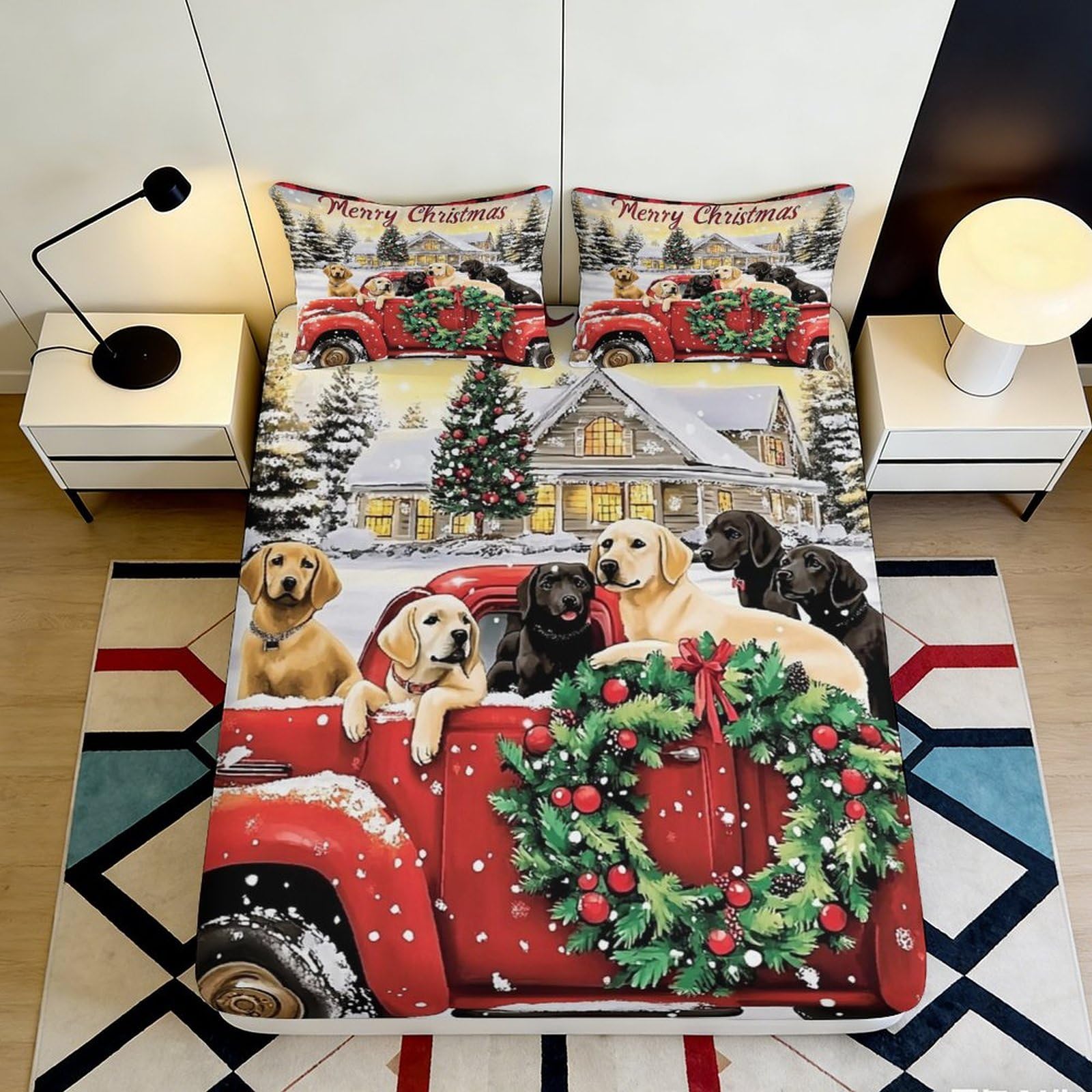 3D Printed Christmas Dogs Fitted Sheet Microfiber Non-Slip Deep Pocket Christmas Puppy Mattress Fitted Cover for Adult Teen Bedroom Bedding Washable 140x200x25cm