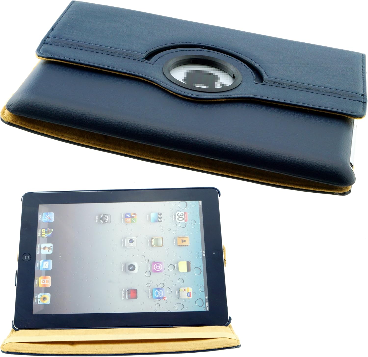 iPad Case Bundle including 1 Rotating Faux Leather Cover for iPad 4 (Retina Display), iPad 3, iPad 2 (Wifi or Cellular, 16GB or 32GB or 64GB) / 2 Stylus Pens / 1 ECO-FUSED Microfiber Cleaning Cloth (Dark Blue)