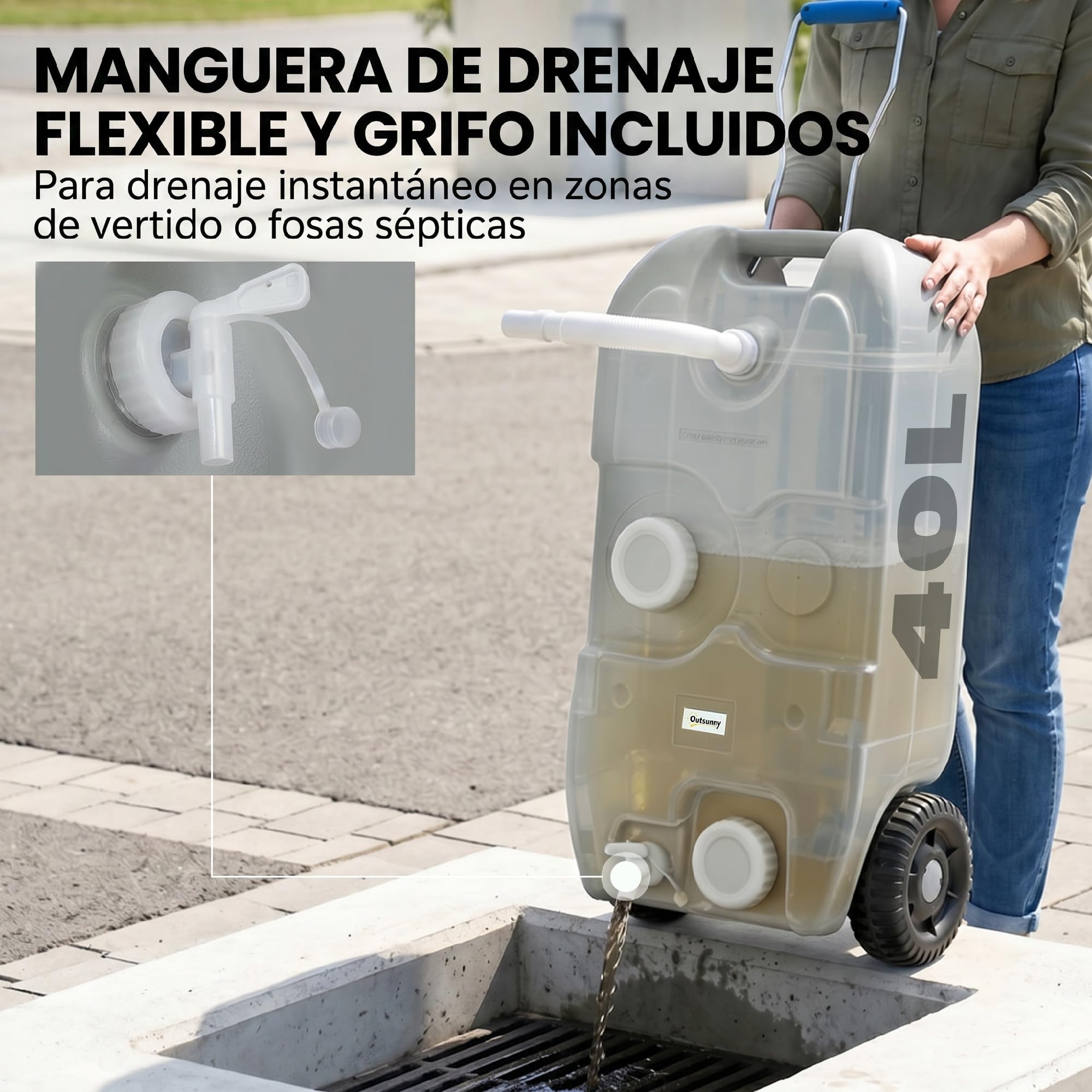 Outsunny Contenedor de Agua 40 L con Ruedas Tanque de Agua Portátil con Manija Metálica y Grifo para Caravanas Autocaravanas Camping al Aire Libre