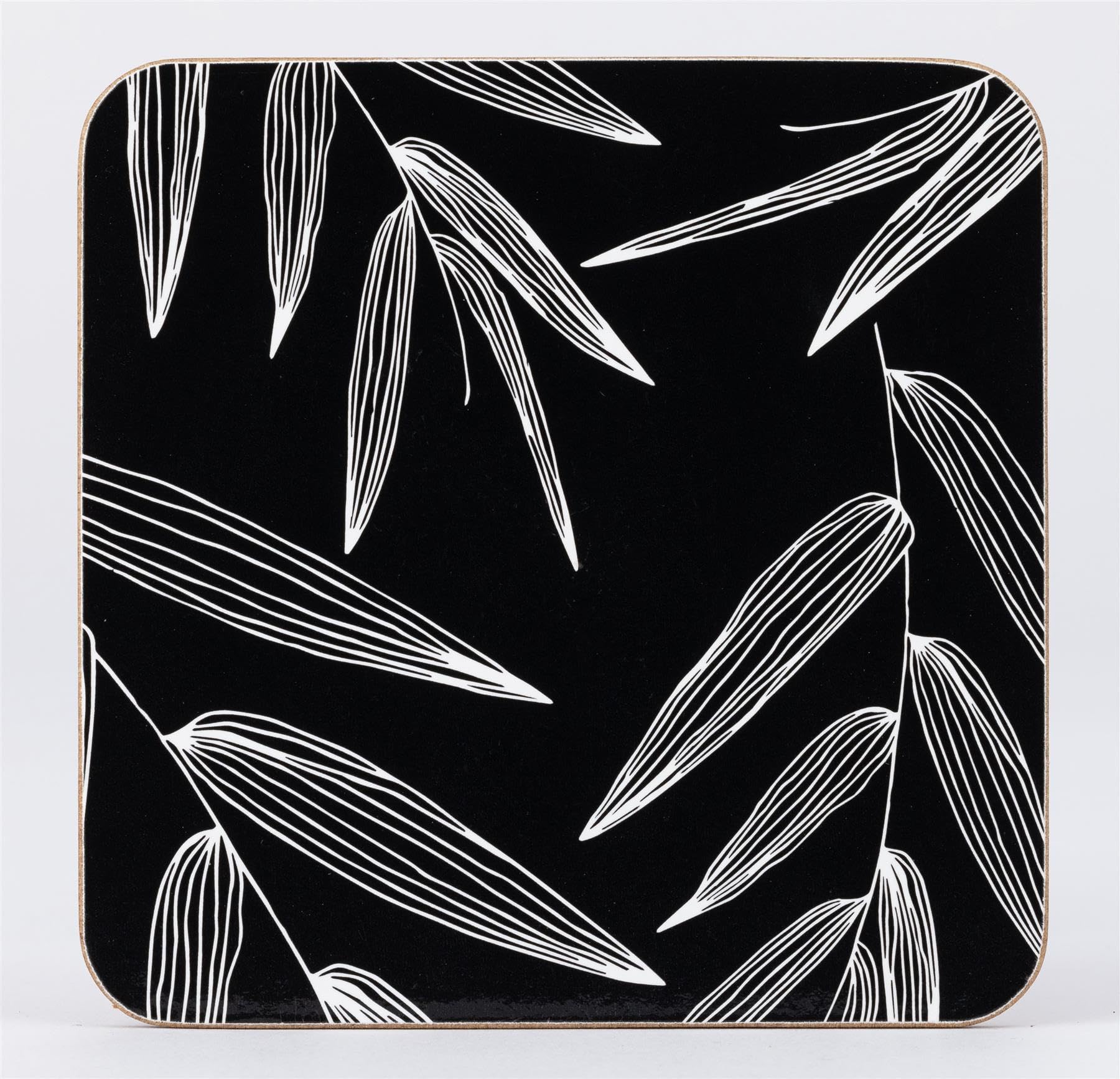 Maison & White Black, White Cork Backed Coasters With Black And White Leaf Pattern, Square Shape, Set Of 4