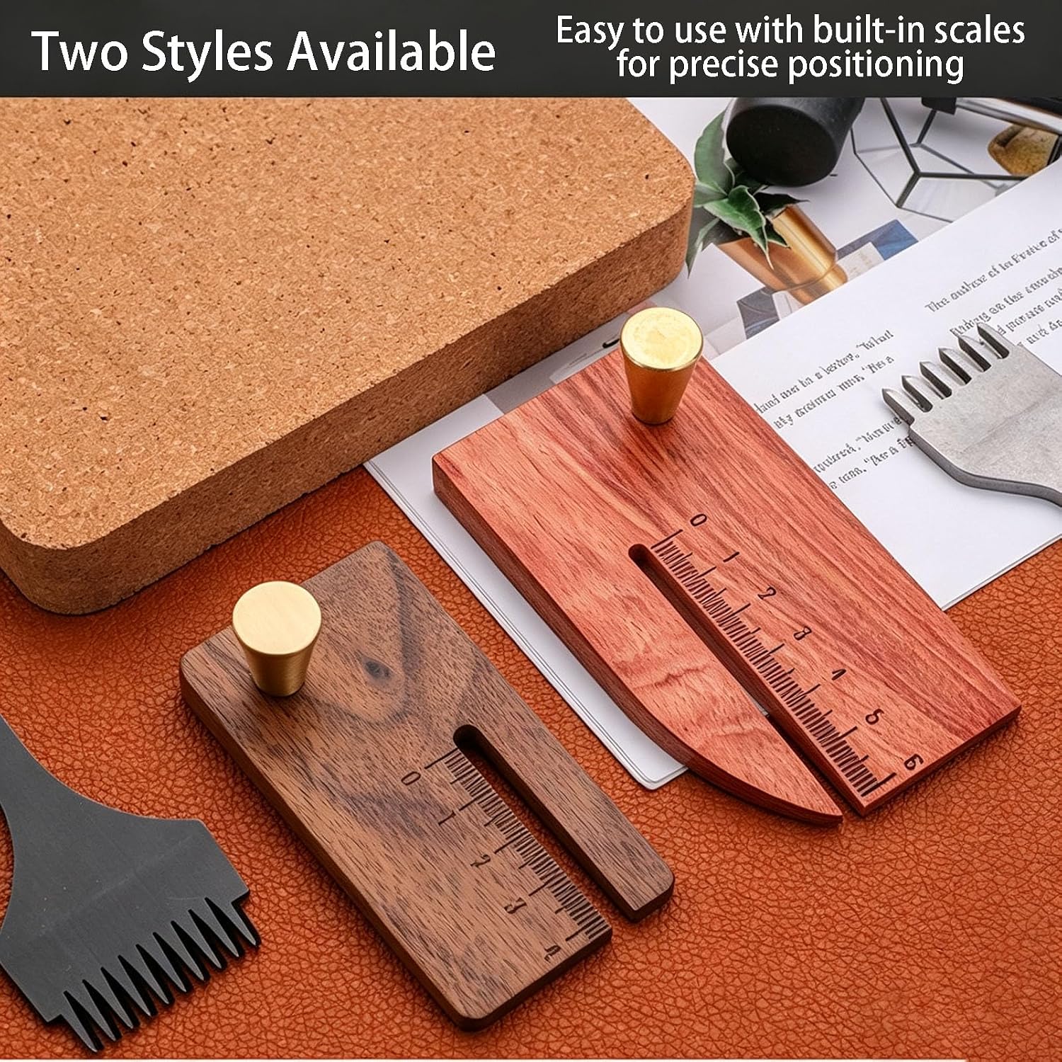 Leather Stitching Punch Aid Plate Wooden Leather Stitching Punch Aid Pulling Plate with a Clearly Marked Ruler Hand Tools for Leatherworking and DIY Sewing (Black Walnut Color)