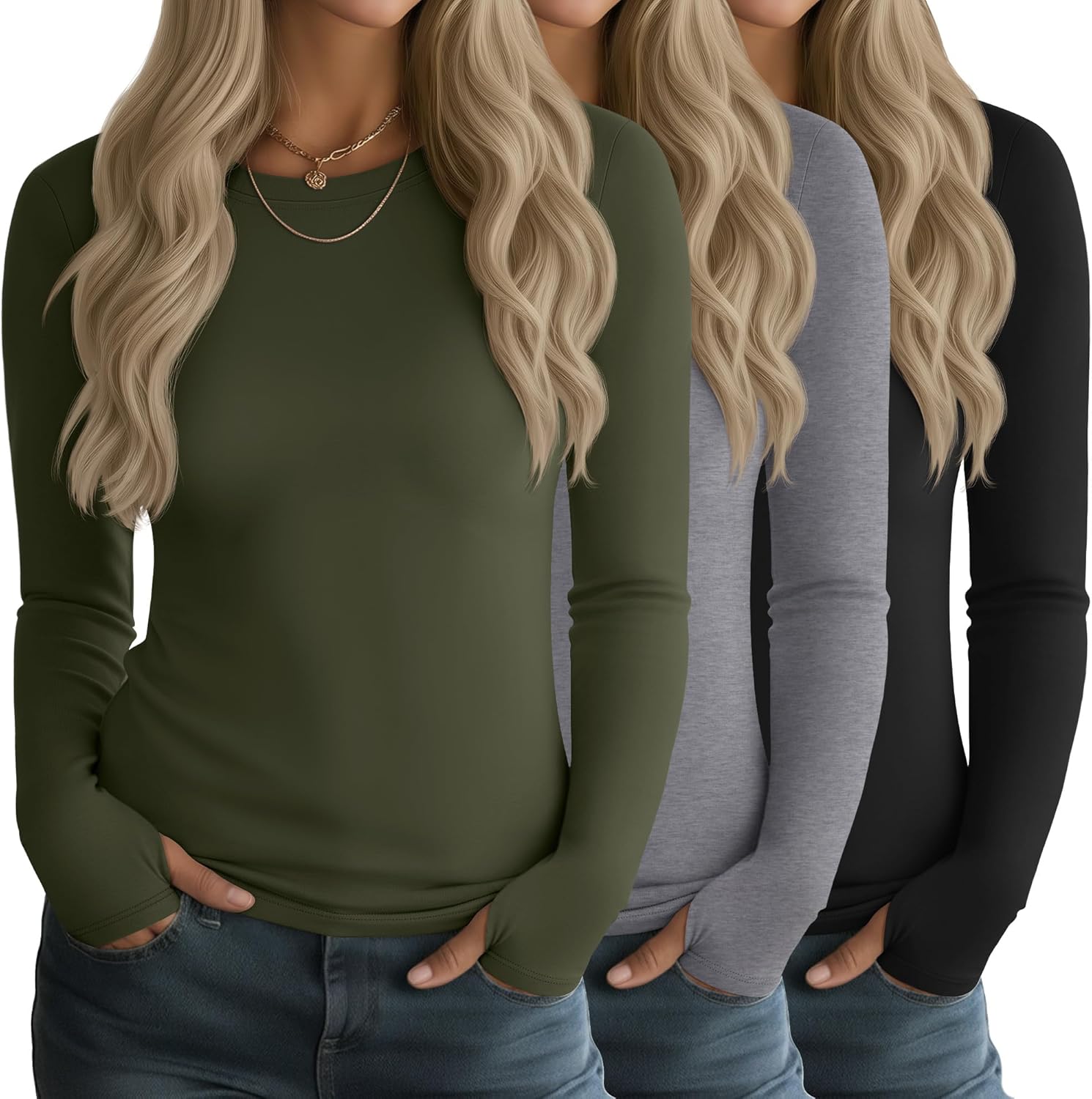 3 Pack Women's Long Sleeve Shirts Slim Fit Thumb Hole Shirt Crew Neck Casual Basic ...