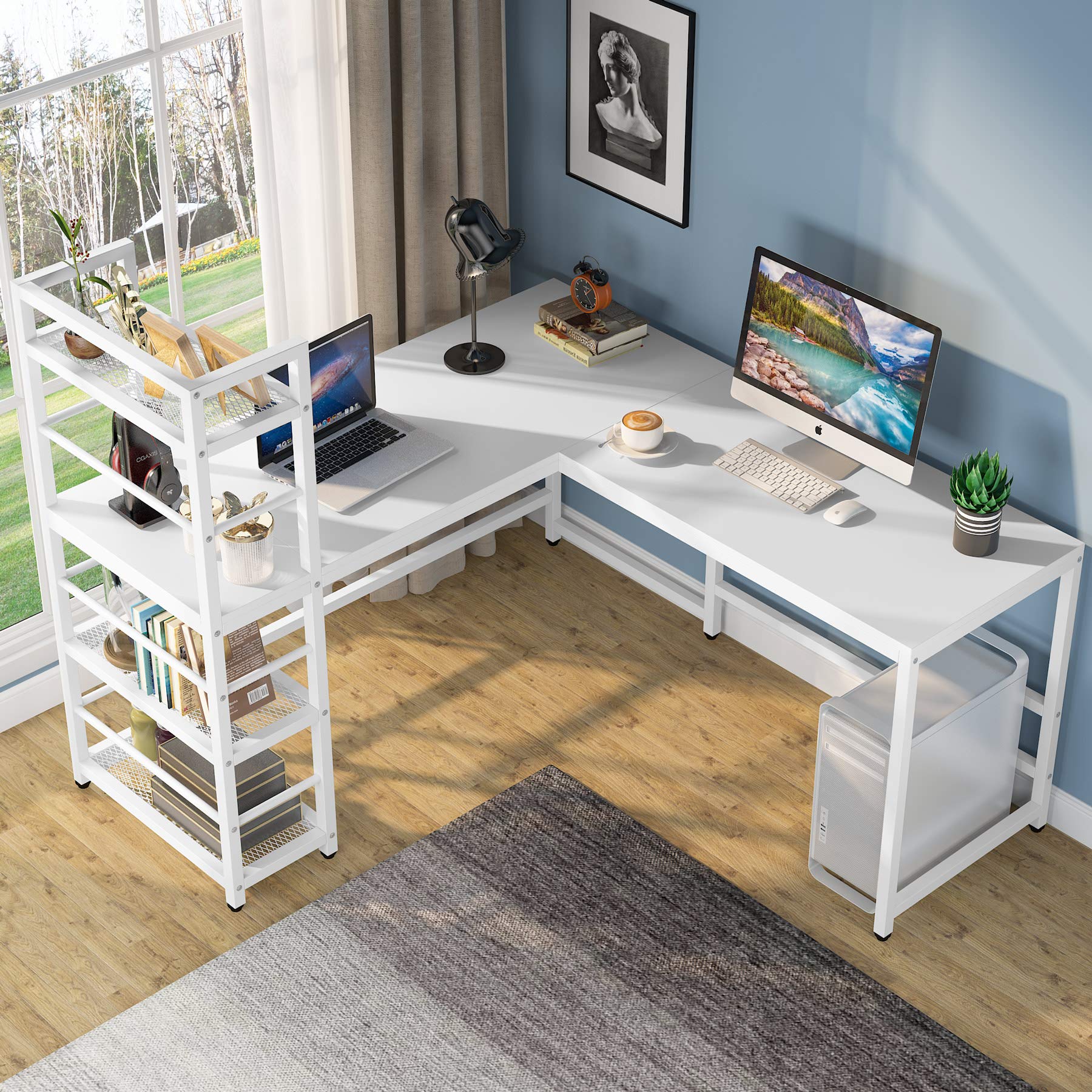 Buy Tribesigns 59 Inch L Shaped Desk with Storage Bookshelf, Reversible Corner Desk with 4 Tier