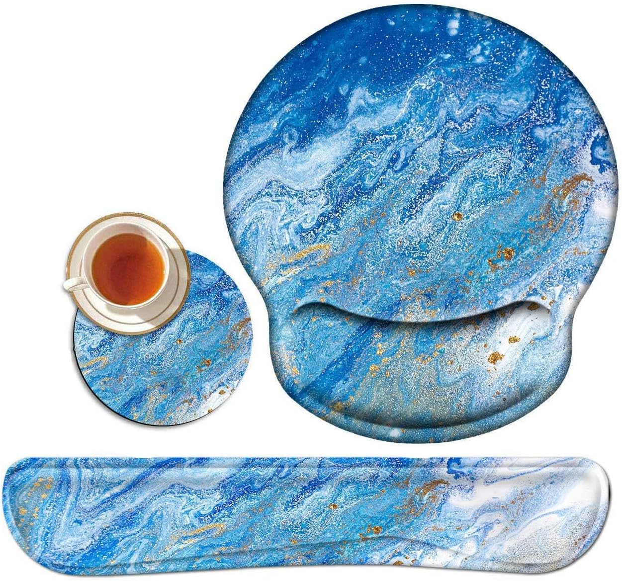 Wrist Rest for Computer Keyboard and Mouse Pad with Wrist Support Gel, Blue Ocean Ergonomic Mousepad Comfortable Keyboard Pad Set Non-Slip Base Come with A Cute Coaster