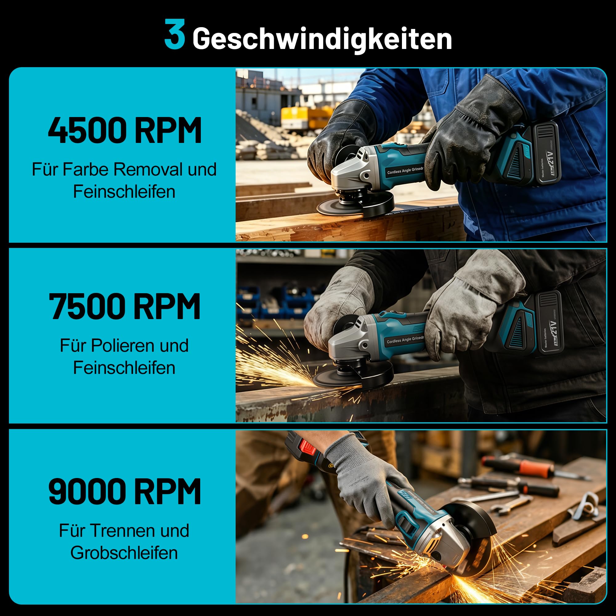 YEARTOP Akku Winkelschleifer Ø 125mm Kompatibel mit Makita 18V Akku | für Holz Metall Trennen und Schleifen, Bürstenloser Motor 3 Stufen Regelbar 9000 U/min Akku Flex mit 2x 3.0Ah Akkus