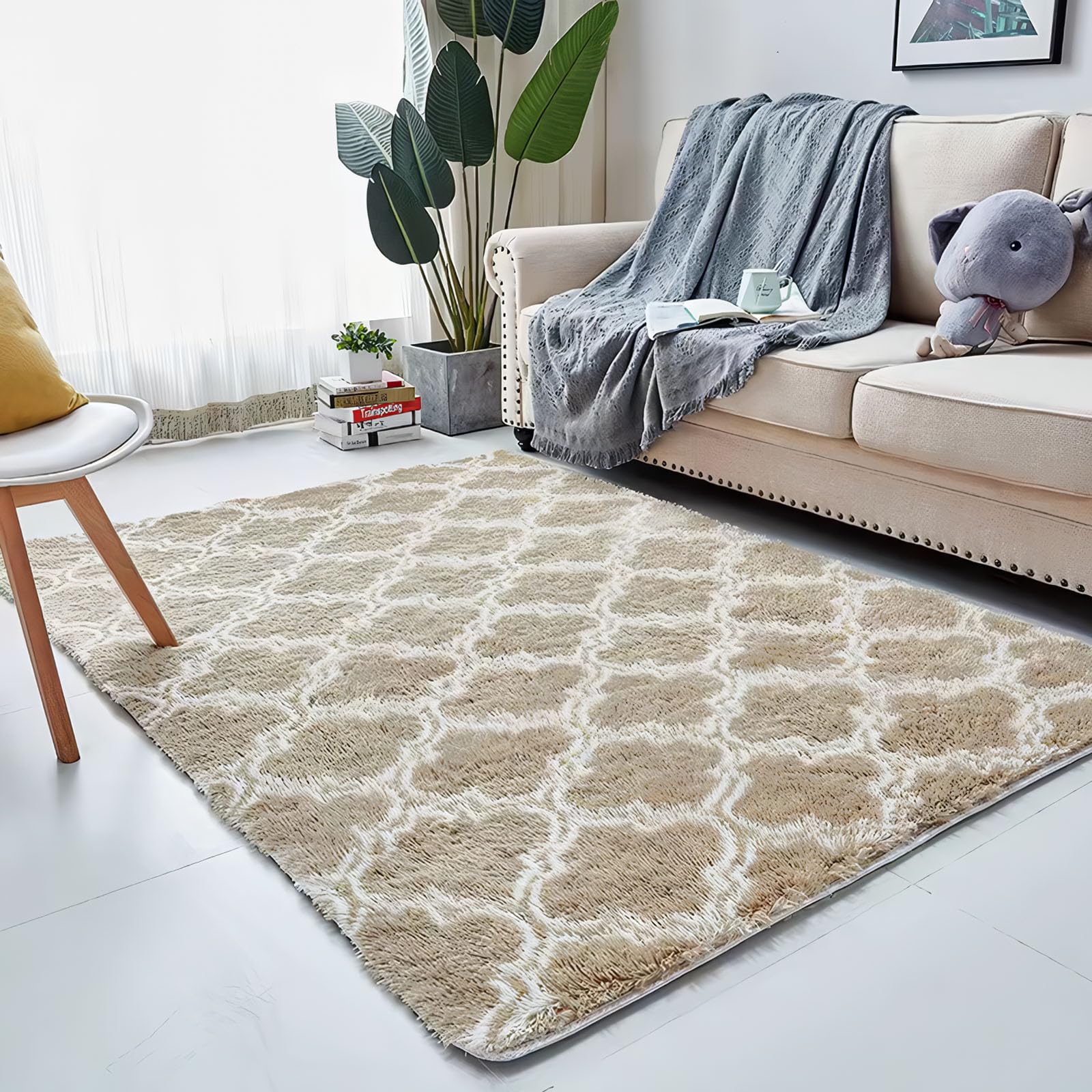 Yancorp 6x9 Area Rug Living Room Rugs Fluffy Shag Fuzzy Carpet Plush Soft Extra Large Area Rug for Living Room Bedroom Indoor Floor Rug Modern Geometric Trellis Rug,Beige/White