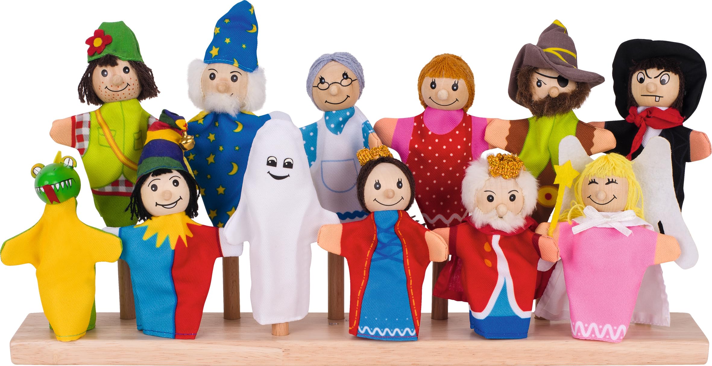 goki Fingerpuppen-Set 2 – 12 liebevoll gestaltete Fingerpuppen aus Holz und Stoff, fördert Fantasie, Kreativität und Sprachentwicklung, ideal für Kinder ab 3 Jahren SO 401