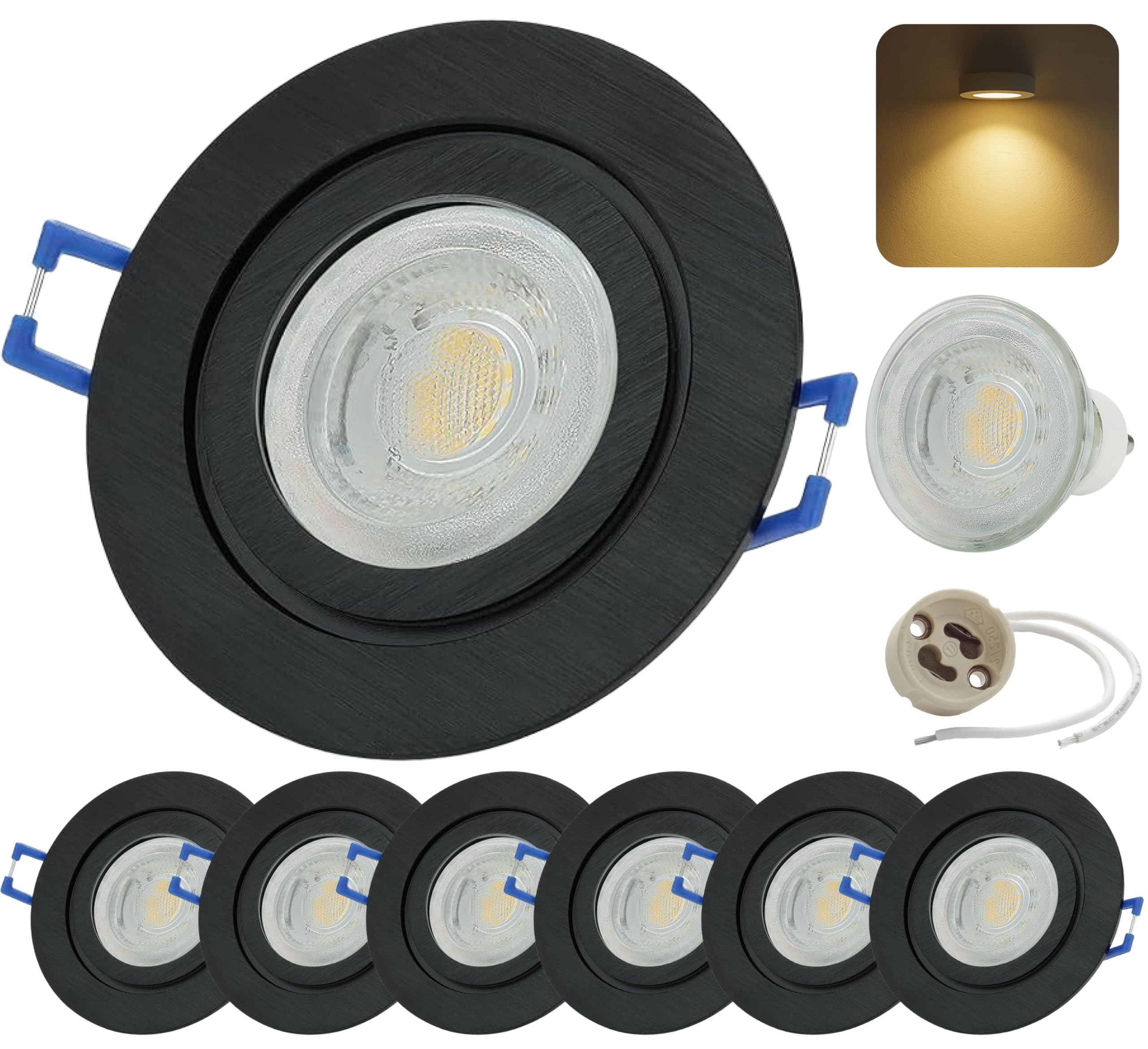 Sweet Led Foco empotrable para baño IP44, 6 unidades, color negro, GU10, 230 V, incluye 7 W, 3000 K, luz blanca cálida, aluminio de 68 mm, para baño y cocina