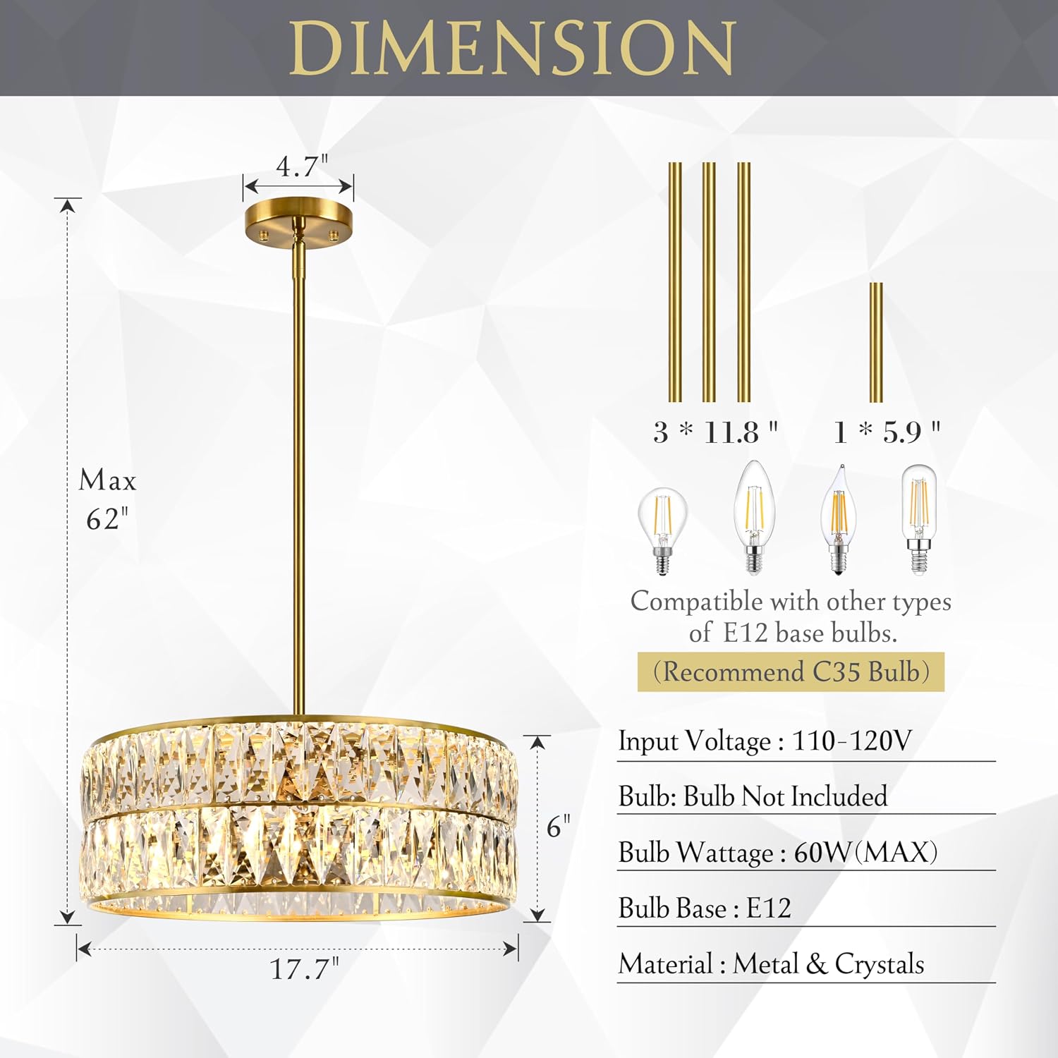 18" Modern Crystal Pendant Light Contemporary Round Pendants Lights Brushed Gold Drum Shade Crystal Chandelier Adjustable Crystals Light Fixture for Living Room Dining Room Foyer