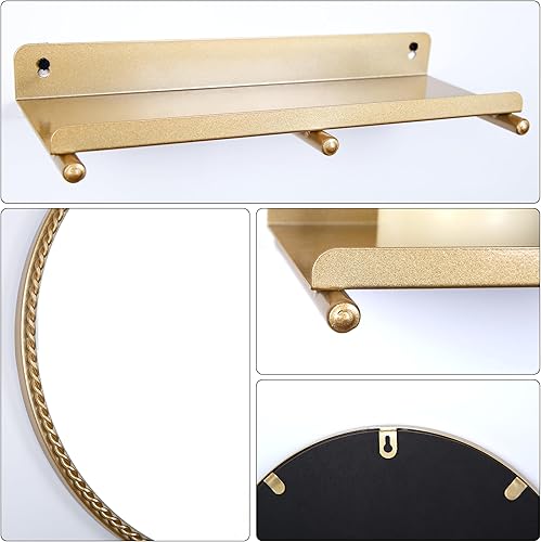 Miniatura 5 de Cozdecor Espejo de entrada con estante y soporte para llaves, gancho para llaves con espejo, marco de metal decorativo, espejo de baño, espejo de