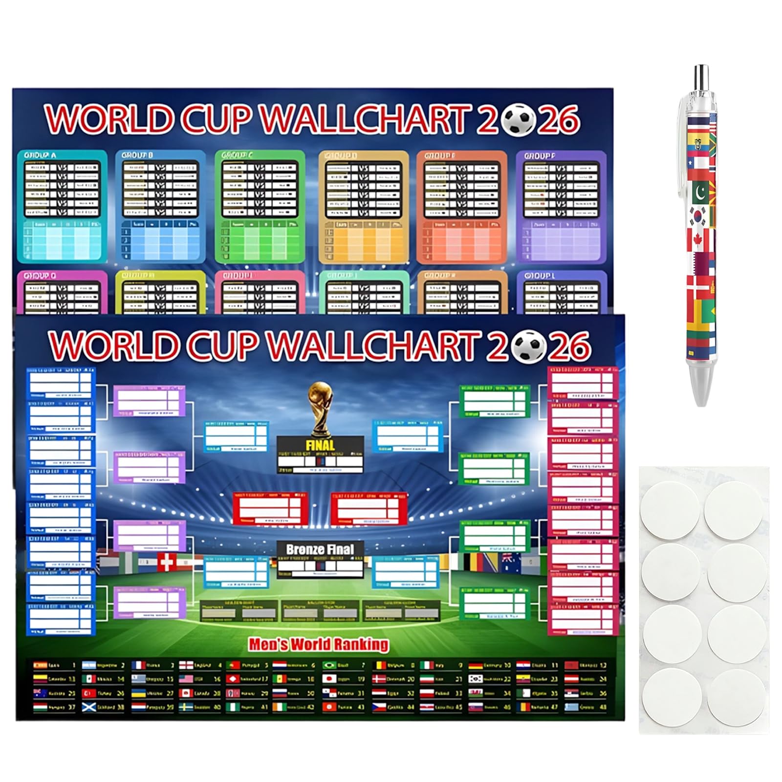 World Cup Wall Chart 2026, World Cup 2026 Merchandise, Football Posters for Match Tracking and Party Decorations, 2-Piece Set with Pen 58 x 87 cm