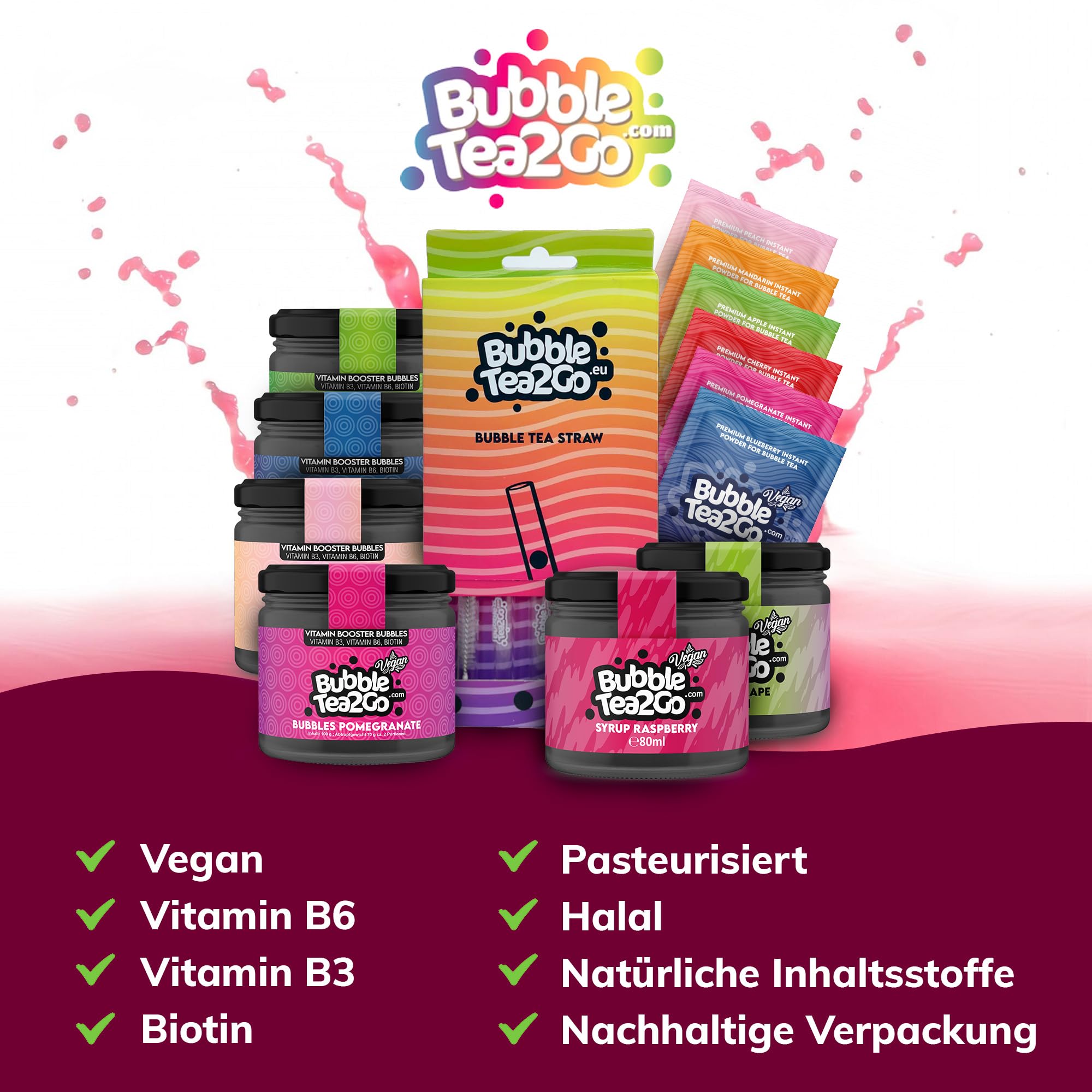 BubbleTea2Go - Großes Früchtemix Starterpaket - DIY Bubble Tea Set, 6x Premium Bubble Teas, mit 4x Bubble Perlens, 2x Bubble Tea Sirup und Zubehör - Boba Tea Kit für Parties