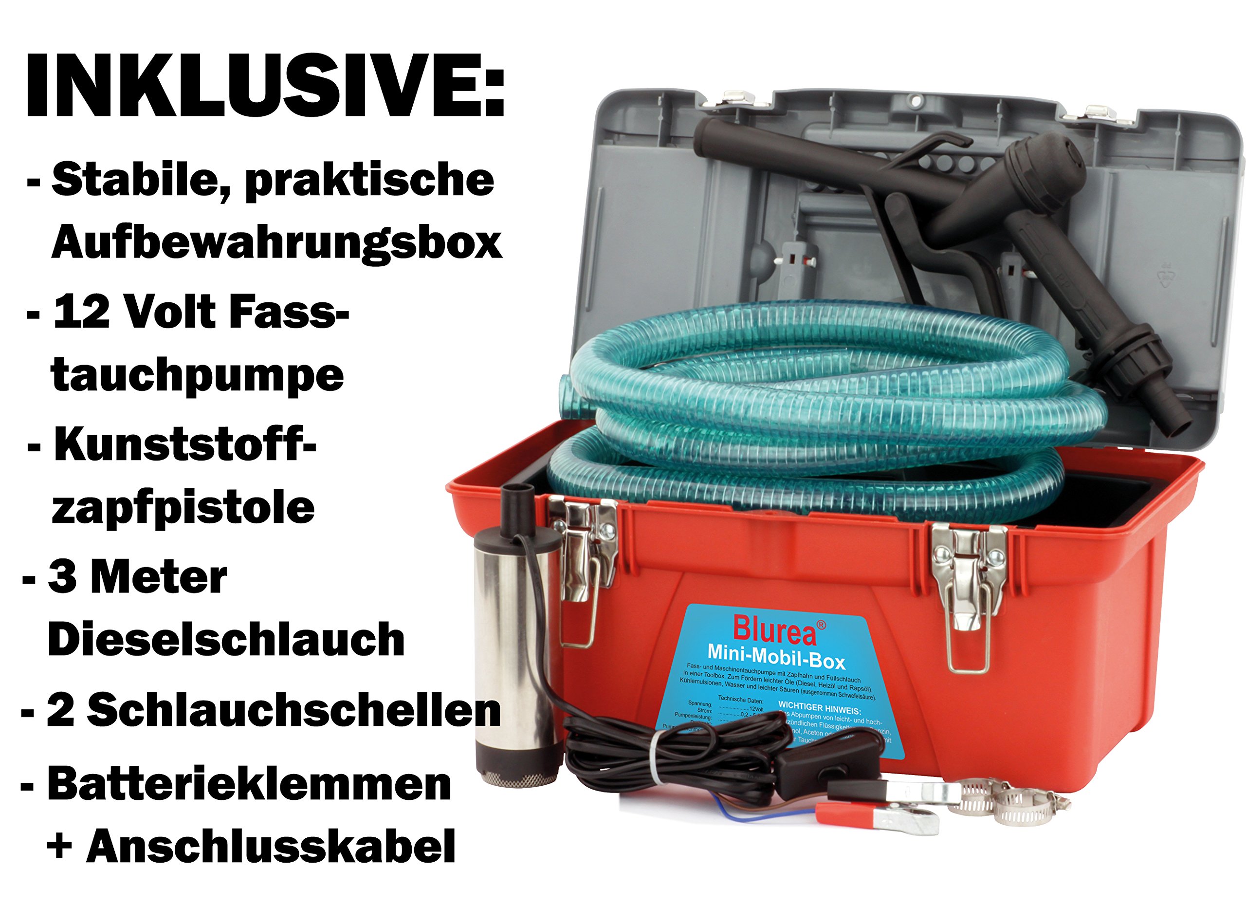 Mobile Tankstellen Box mit Tauchpumpe, manueller Zapfpistole und 3m Schlauch mit Schlauchtülle, 12V 18l/min, 230W, Geräusche-Schutzklasse IP55 70db
