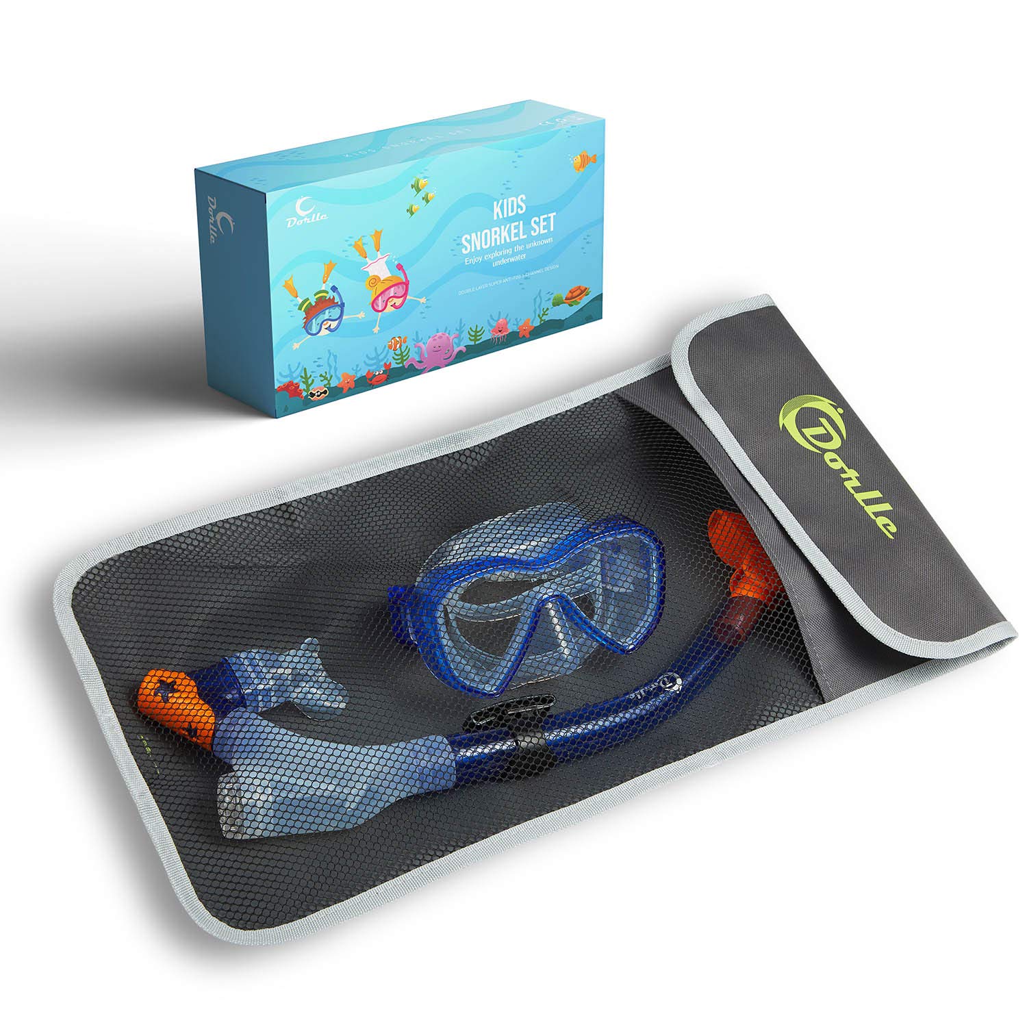 Dorlle Kinder Schnorchelset Tauchset Schnorchelmaske mit 3-Kanal Premium Dry Schnorchel und Anti-Leck Anti-Fog Taucherbrille Professionelle Schnorchel Set für Kinder