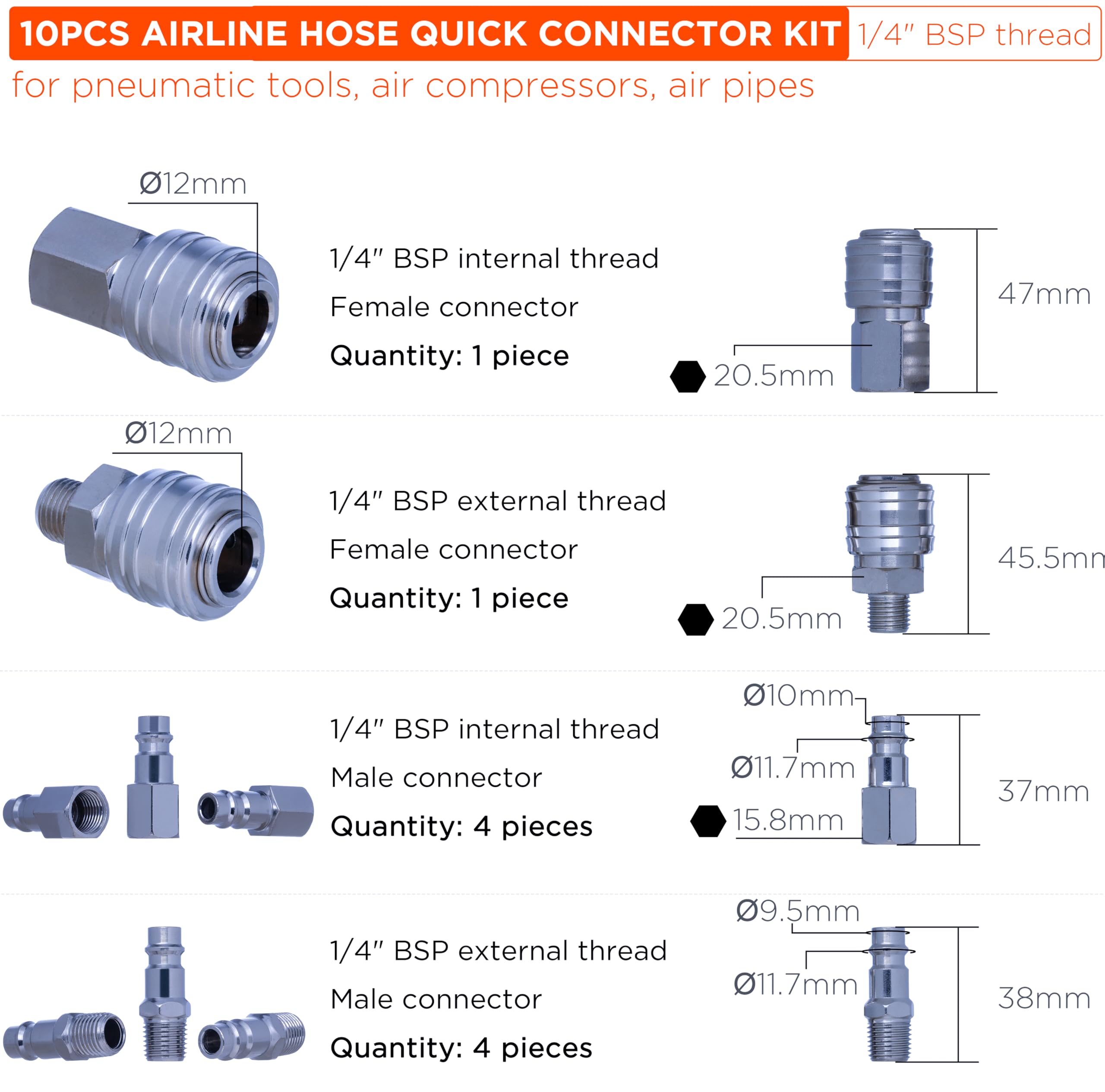 10-Piece Euro Airline Hose Connector Kit, 1/4" BSP Pneumatic Compressor Coupling Set, Silver, 1/4 inch - Image 2