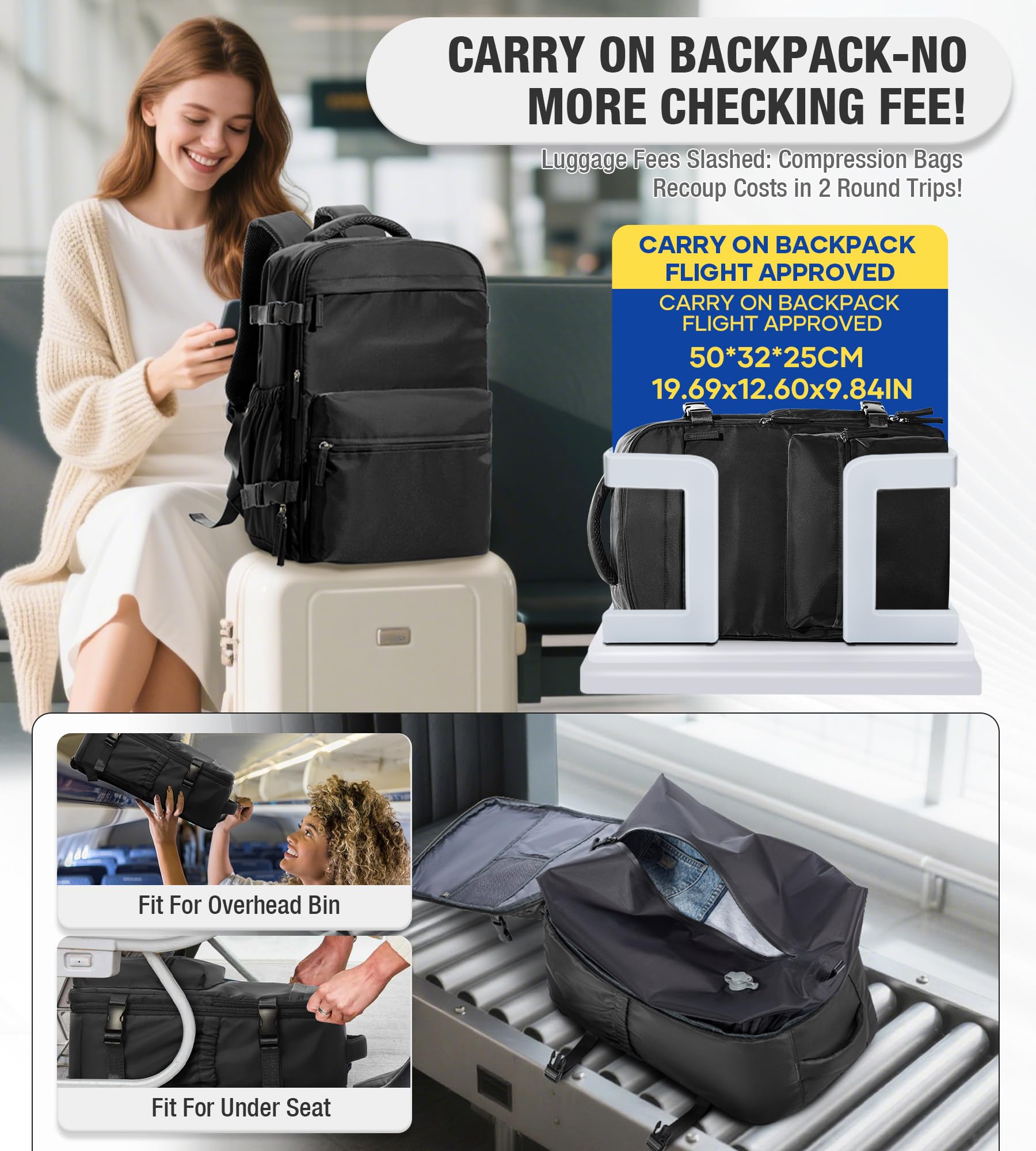 Zaino da Viaggio Grande Zaino Sottovuoto Con Pompa Donna da Escursionismo Sportivo da Esterno impermeabile Zaino Casual Laptop da 15.6 Pollici Borsa da Viaggio Uomo Nero