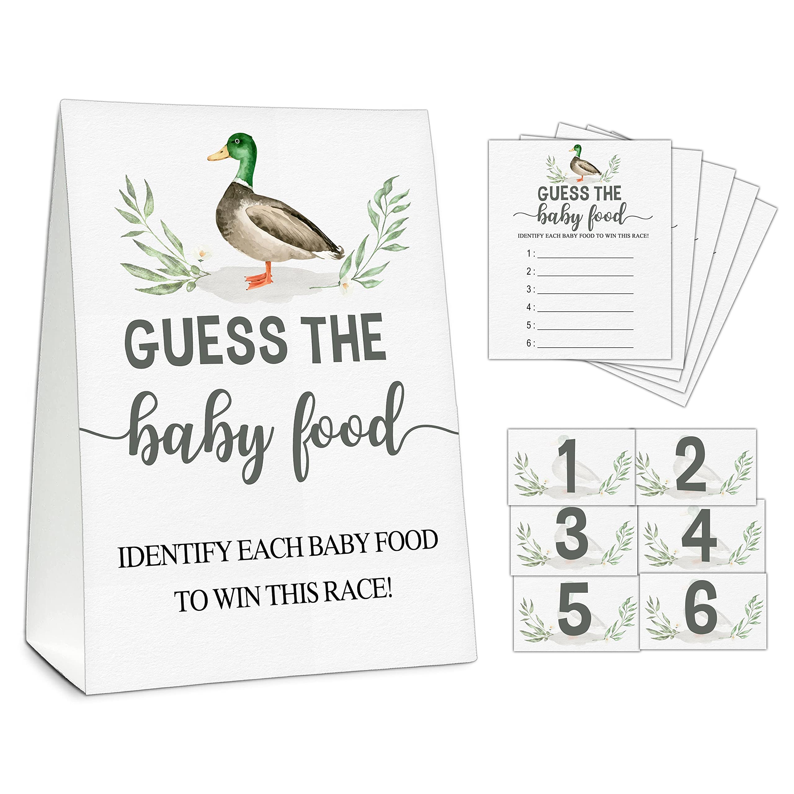 Guess the Baby Food Party Games, Baby Shower Game Set, 1 Standing Sign + 25 Answer Cards + 6 Number Cards, Mallard Duck Gender Reveal Party Decorations Supplies -A15