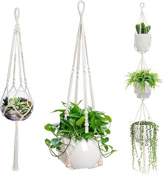 EWPJDK 3 PCS Macrame Plant Hanger Indoor Hanging Planter Basket with Wood Beads Plants Holder Decorative Flower Pot Holder POTS NOT Included Ivory White