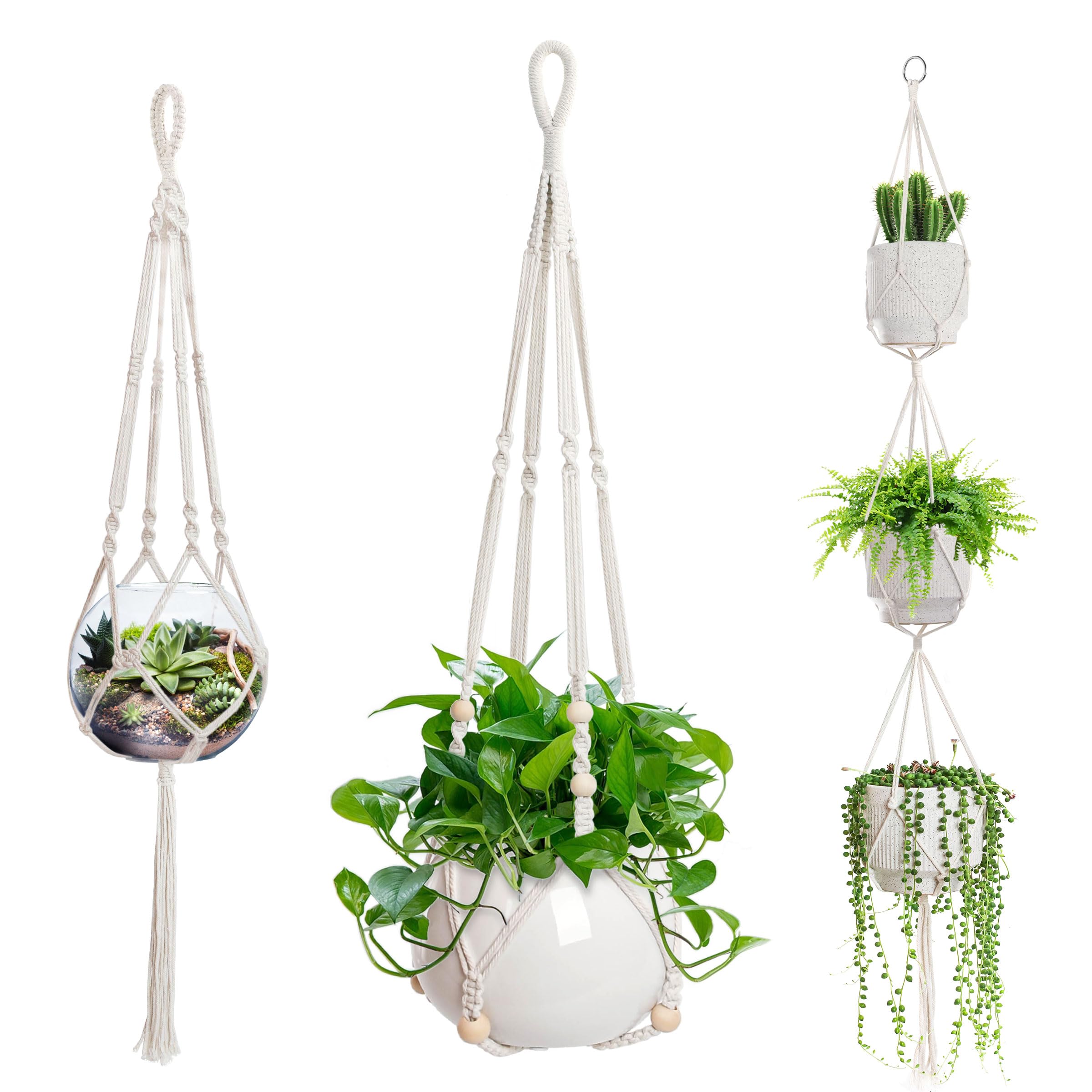 EWPJDK 3 PCS Macrame Plant Hanger Indoor Hanging Planter Basket with Wood Beads Plants Holder Decorative Flower Pot Holder (POTS NOT Included) (Ivory White)