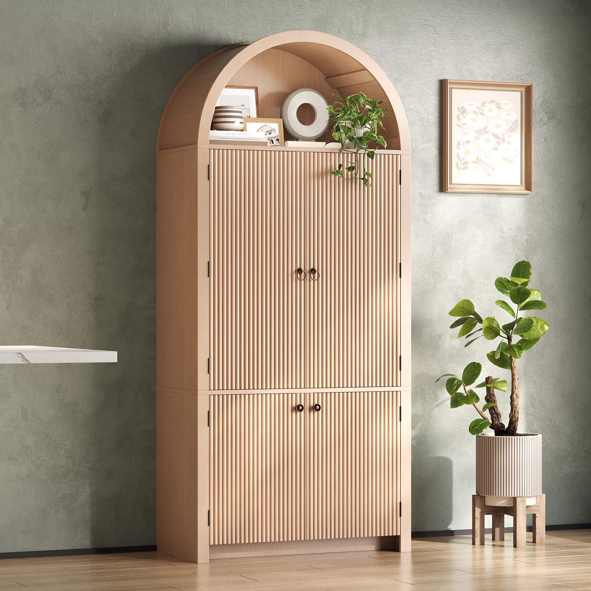 BTM Küchenschrank mit Türablagen und Offene Vitrine, Minimalistisch Bogenschrank Wohnzimmerschrank 180cm Holzoptik