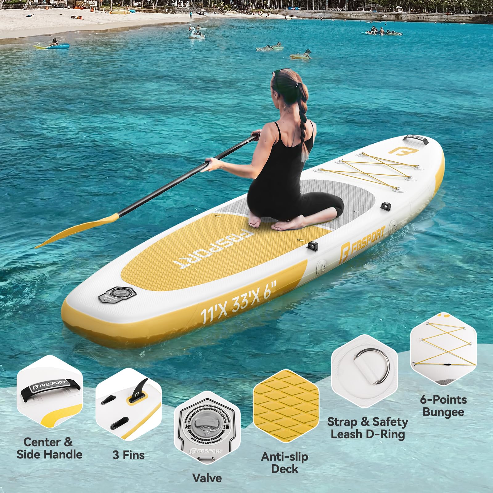 FBSPORT Paddle Gonflable Adulte 335 cm, Planches de Stand Up Paddle, 160kg de Capacité de Charge avec Pont Anti-dérapant, Set Complet avec Pagaie, Pompe, Sup Board pour Yoga, Surf en Voyage