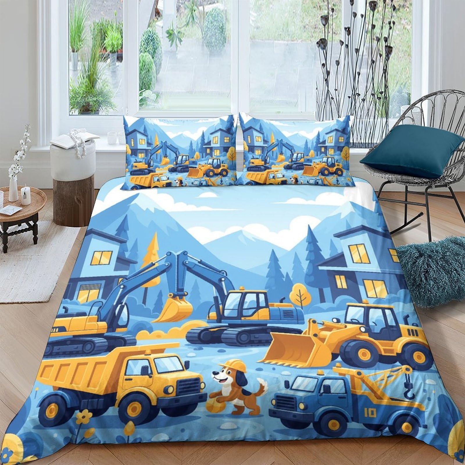 GPLZQXKJNH 3D Printed Construction Truck Duvet Cover Microfiber Soft Breathable Excavator Bedding Set with 2 Pillowcases for Bedroom Decor Single（135x200cm）