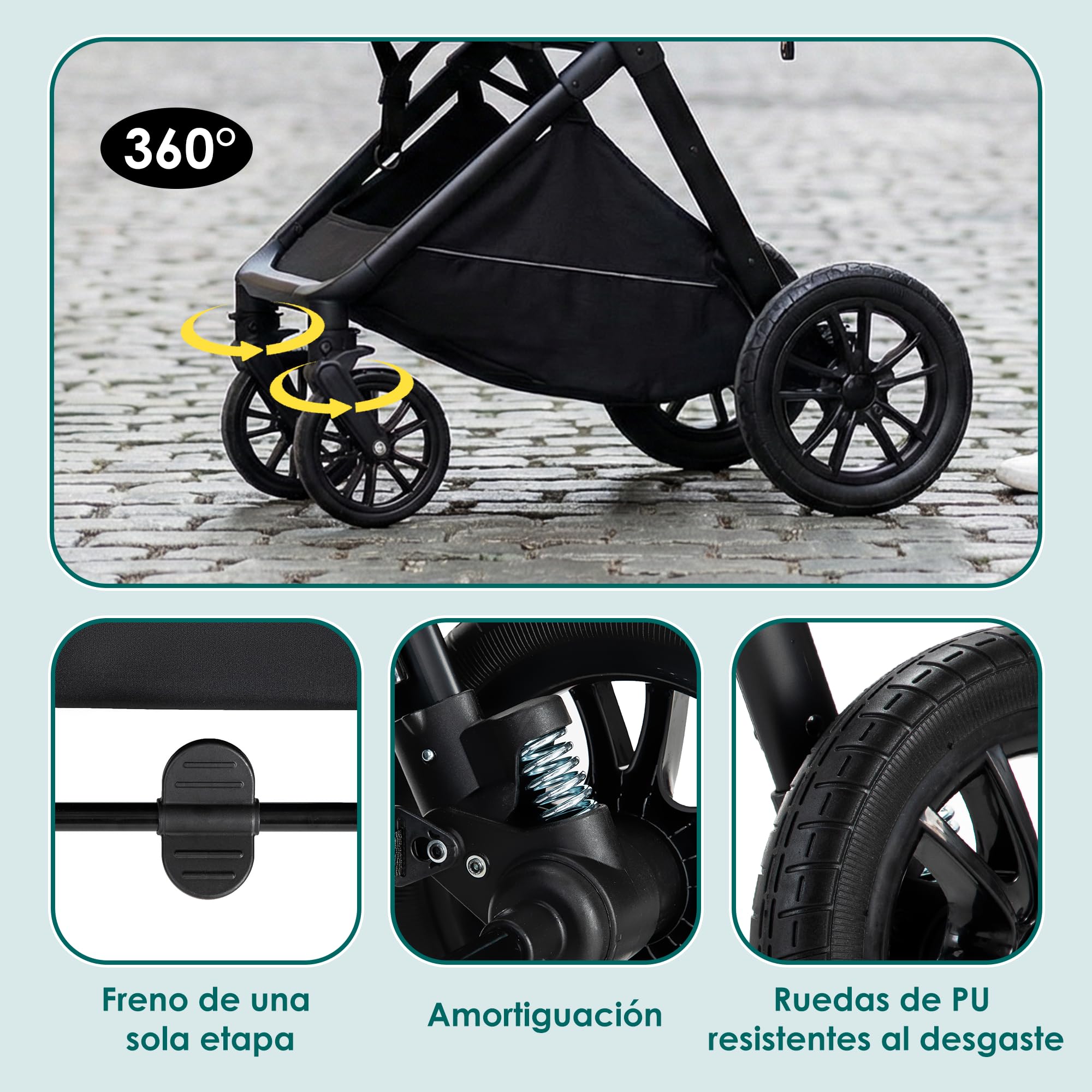 Carrito bebé 3 en 1, 0-3 años, Máx. 22 kg, Cochecito para Bebé 3 Piezas con Estructura Metálica Ligera, Compacto y Reclinable Silla de Paseo, con i-Size Silla Coche Bebe, Beige