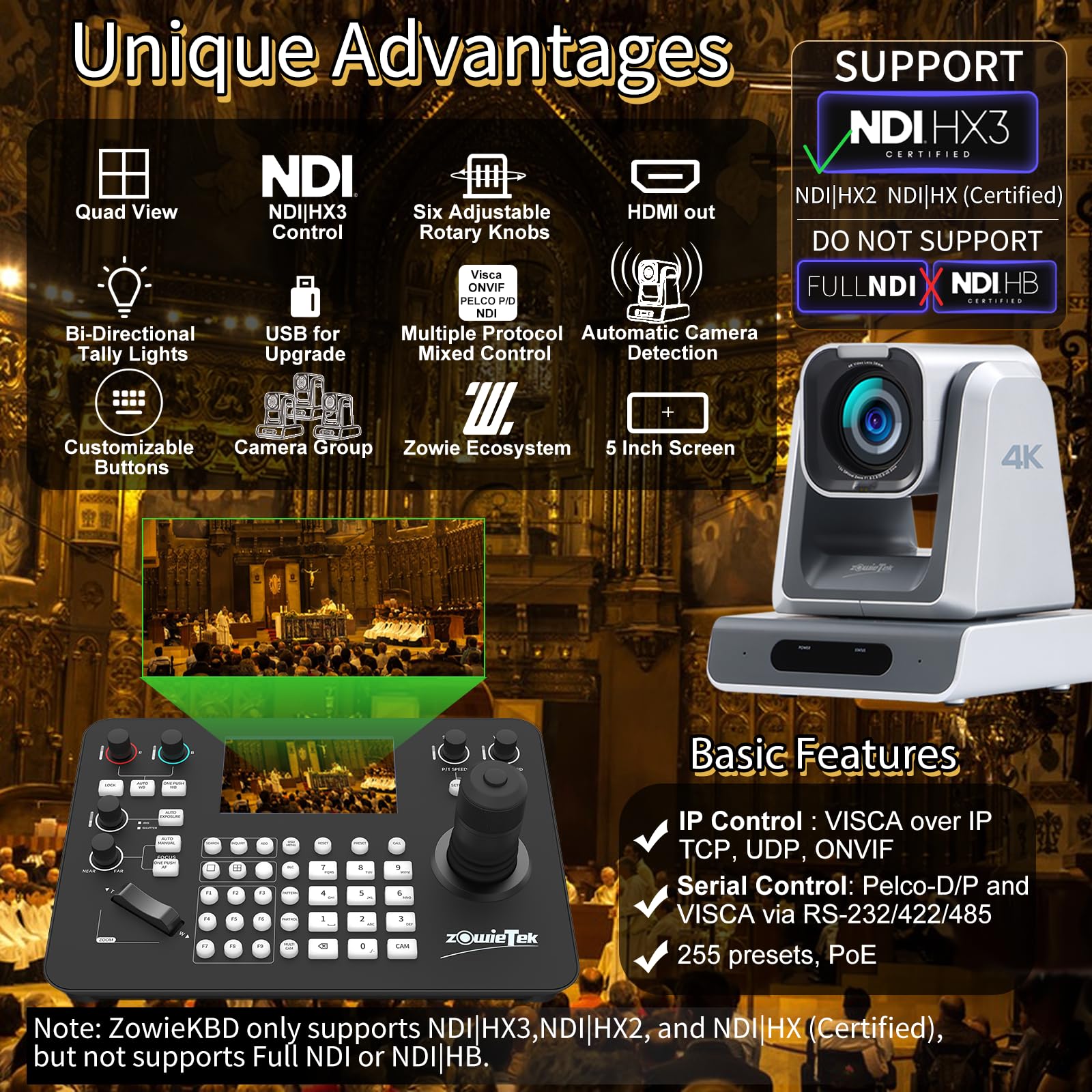Zowietek Contrôleur PTZ NDI|HX3 avec joystick 7D, sortie HDMI, écran LCD 5" Quad-View, détection automatique des caméras