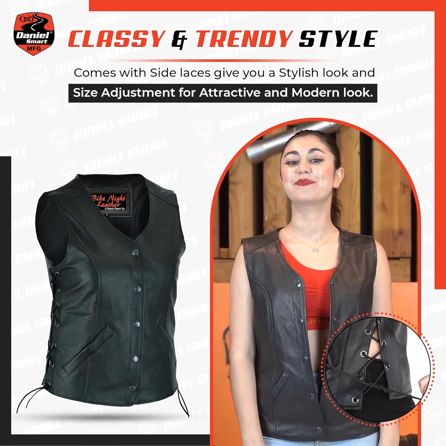 Daniel Smart Motorcycle Vest for Women Open Neck Leather Vest with Unique Design and Inside Carry Pockets - Image 3