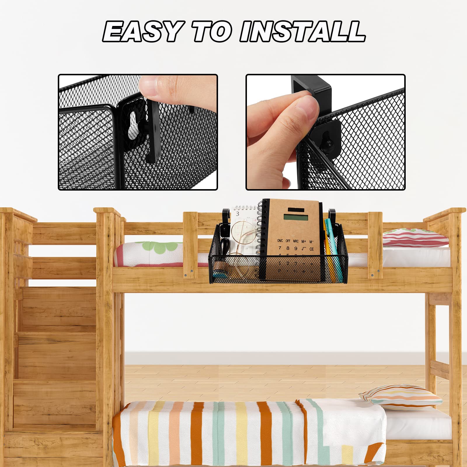 Zubebe 2 Stück Nachttischregal für Bett mit 10 Paar Haken, Etagenbett-Regal für oberes Etagenbett, Nachttisch, Caddy, hängende Aufbewahrungskorb, Büro, Schreibtisch