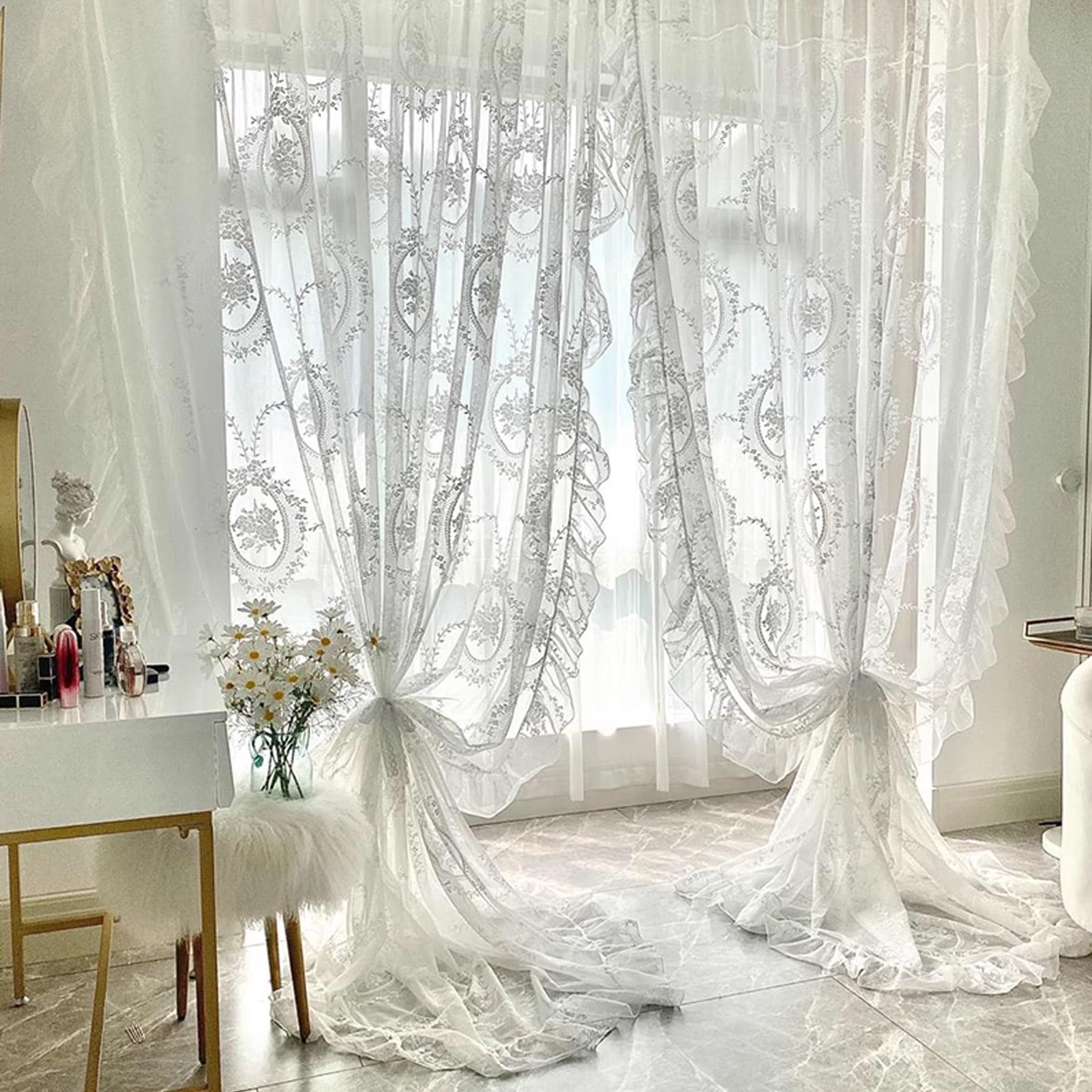 Rideaux en Dentelle Brodée de Fleurs de Style Romantique Français, Long Traitement de Fenêtre Vintage Shabby Chic avec Bord à Volants Festonnés, pour Balcon de Jardin, 1 Panneau