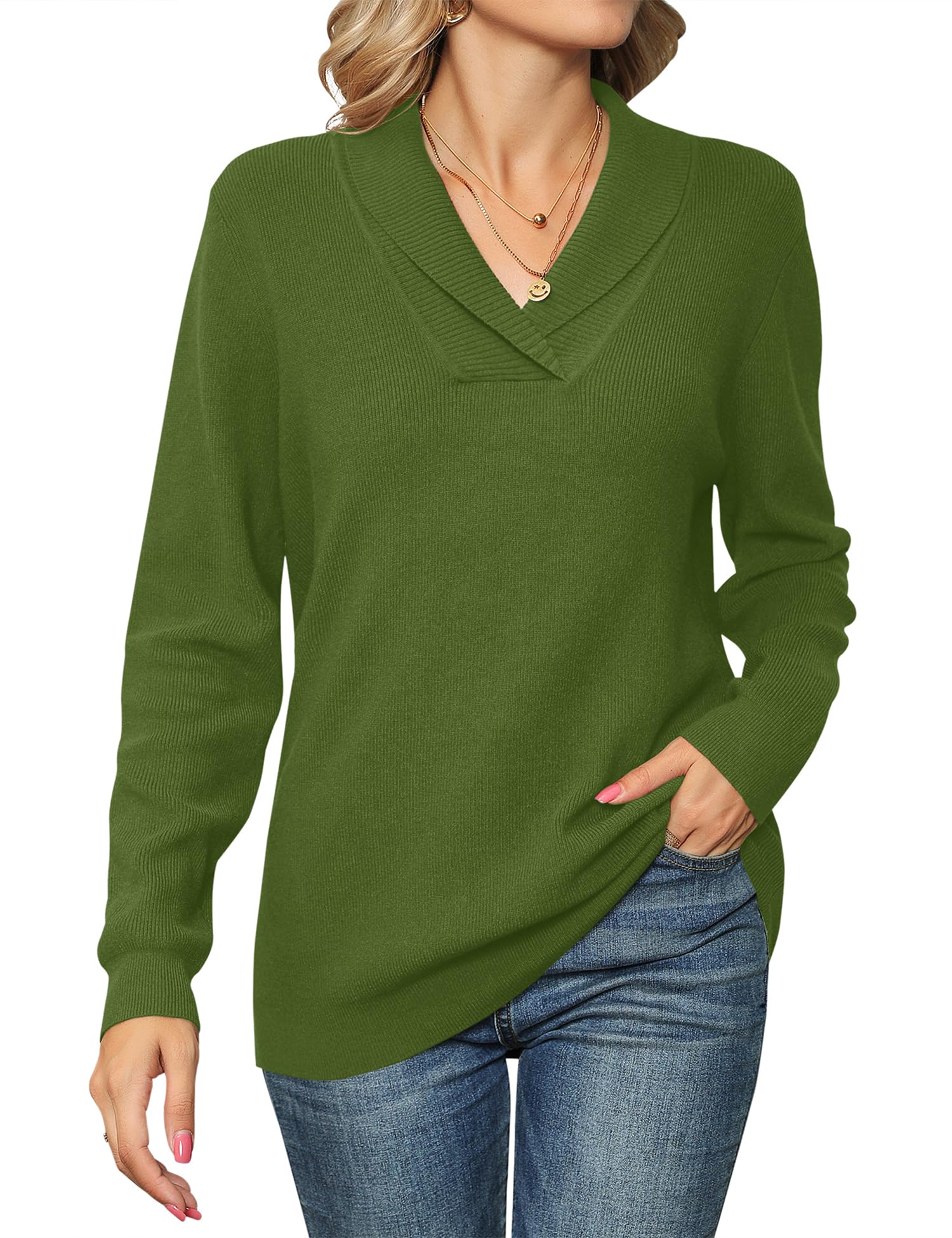 Ivicoer Women Long Sleeve V Neck Pullover Collar Knitted Sweaters