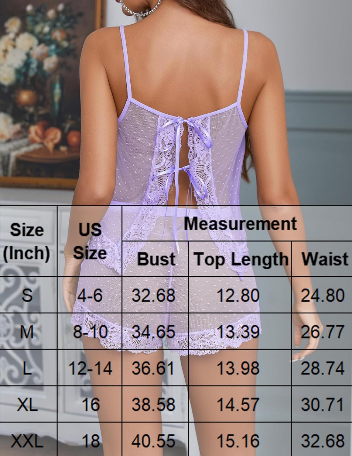 Avidlove Lingerie for Women Sexy Pajamas Sheer Open Front Sleepwear Lace Polka Dot Cami Shorts Set 2 piece - Image 6