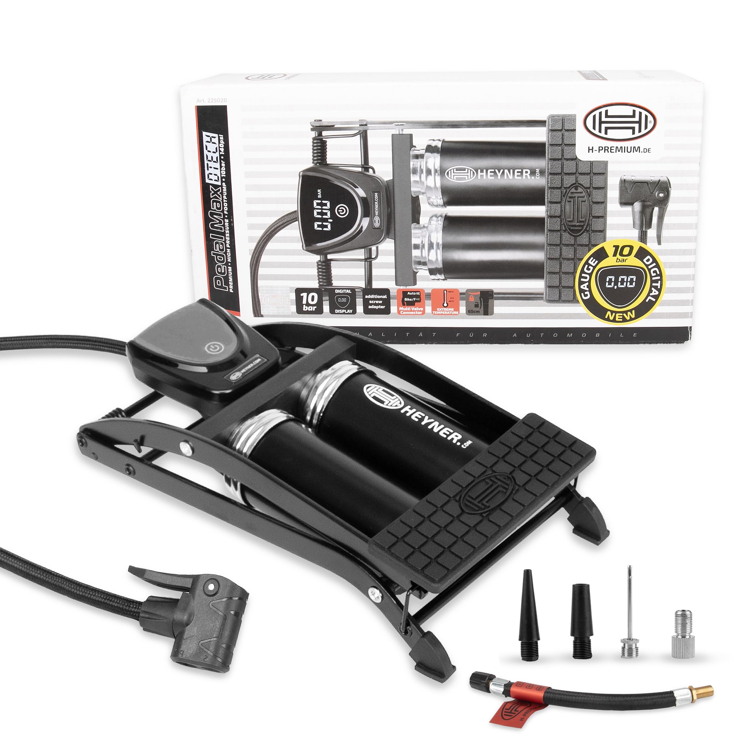 HEYNER® Luftpumpe Fußpumpe Doppelzylinder digitales Manometer + Tasche alle Ventile Auto Motorrad Fahrrad Ball tragbar