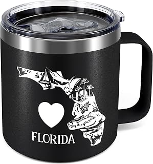 Love Florida Wine Tumbler,12 Oz Insulated Stainless Steel Travel Coffee Mug with Handle,Florida Map Gifts for Birthday Women Men Friend Mom