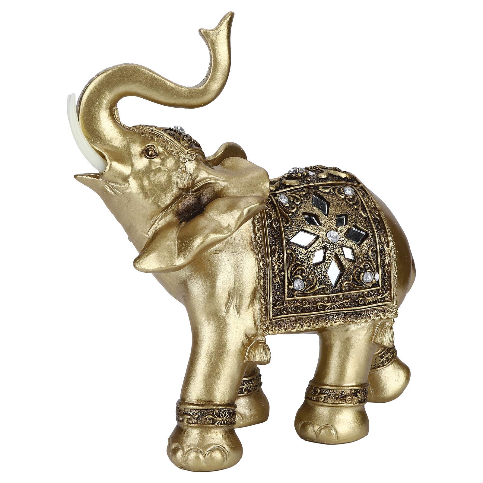 Statuetta con Statua di Elefante Dorato, Decorazione Elegante, Regalo per Casa e Ufficio, 28,5x24x10 Cm, Portafortuna in Resina