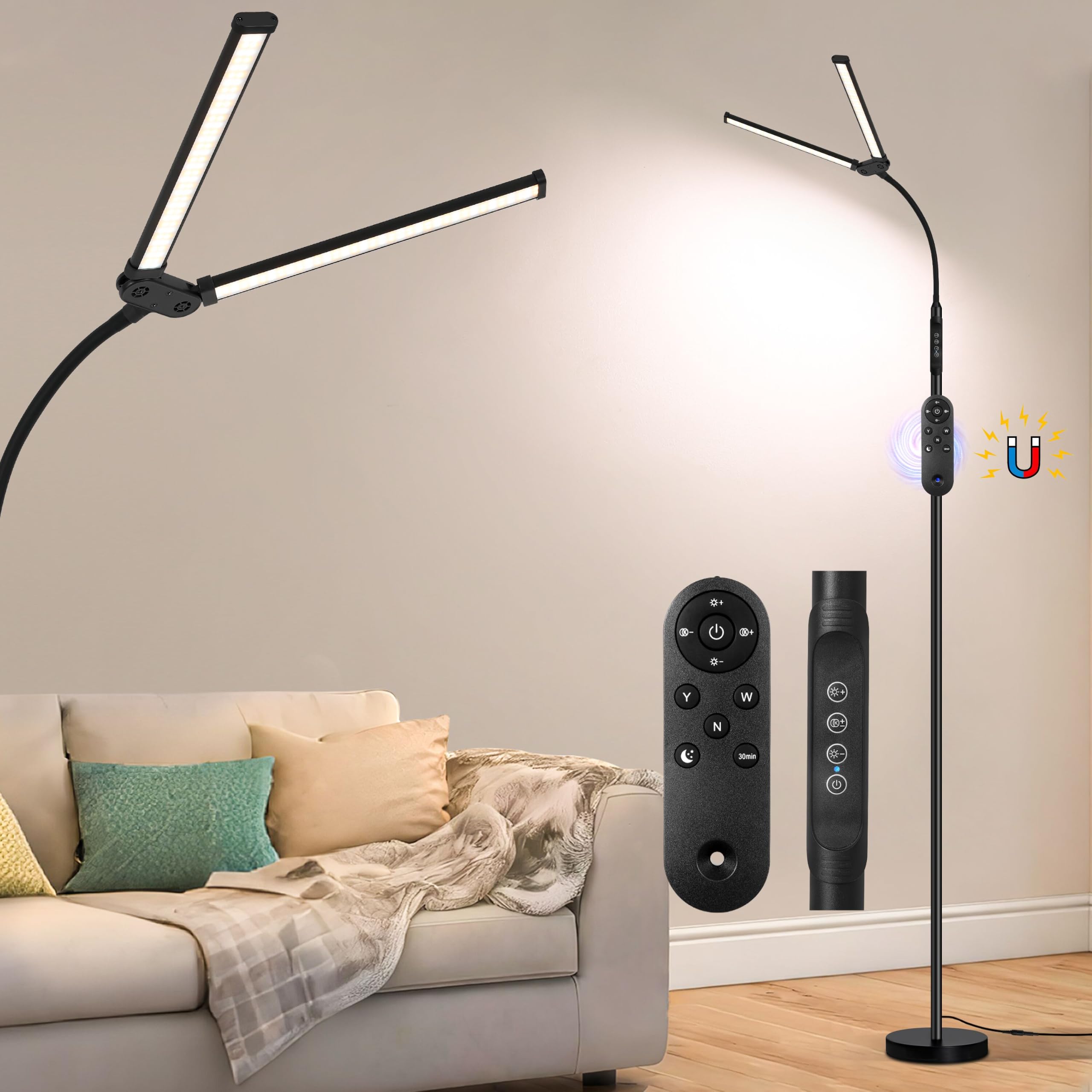 Augenschonende Stehlampe für den Innenbereich, 3000K–6000K und Helligkeit einstellbar, Fernbedienung und Touch-Bedienung, Leselampe mit verstellbarer Höhe, flexibler Schwanenhals für Wohnzimmer und Sc